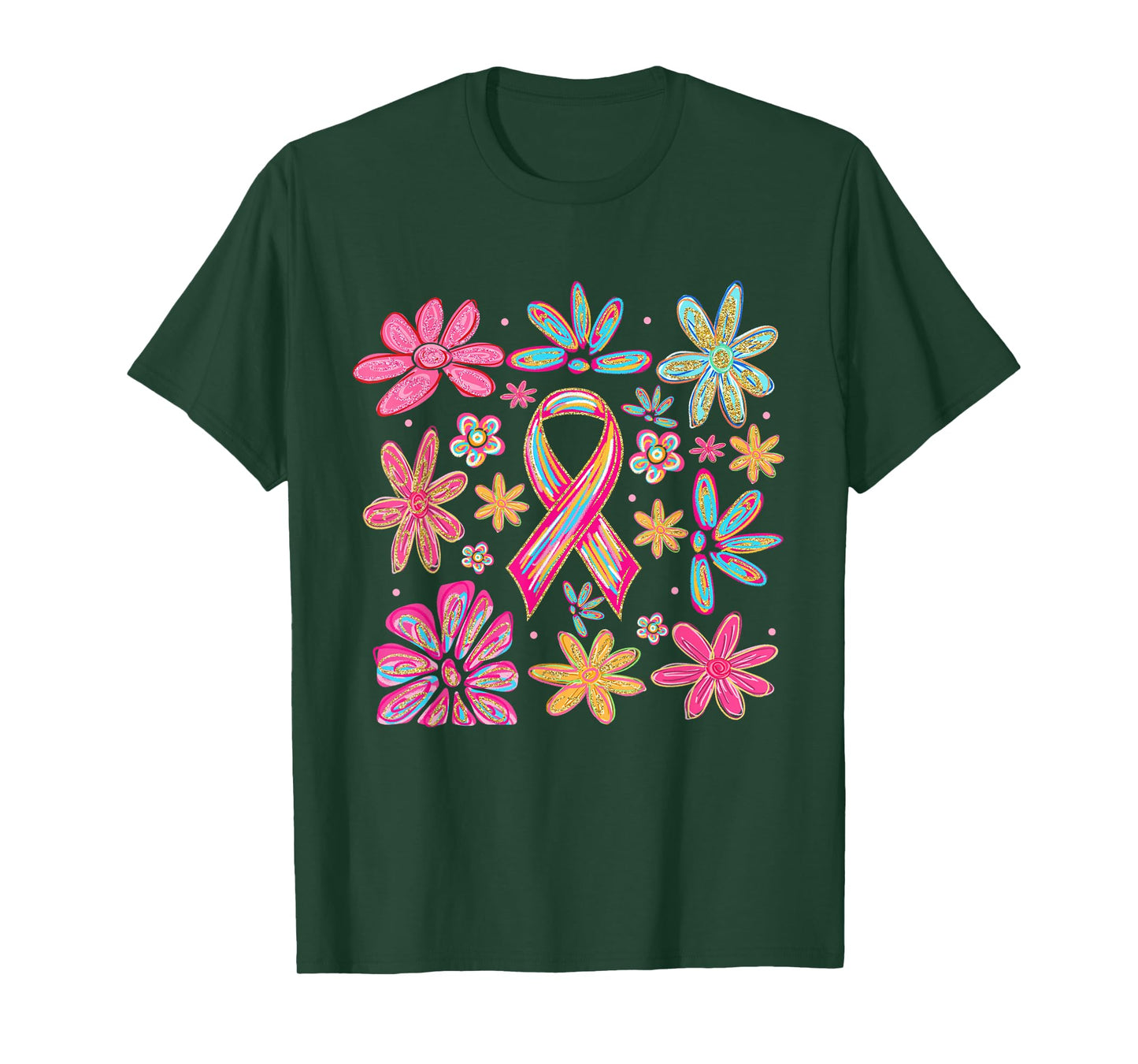 Pink Ribbon Boho Flowers Breast Cancer Awareness T-Shirt