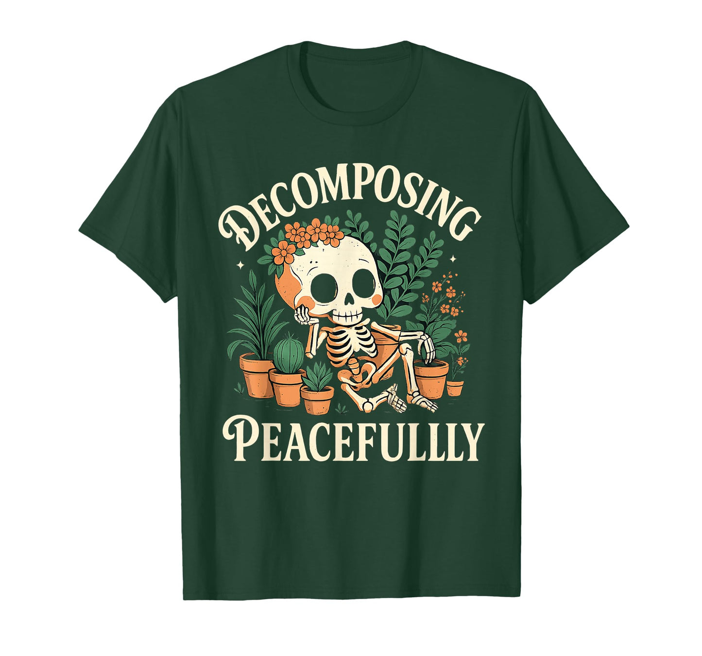 Skeleton Decomposing Peacefully Halloween Gardening Humor T-Shirt