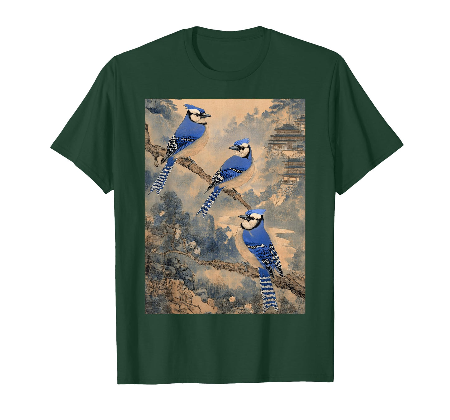 Birdwatching Blue Jay Birds Trees Japanese Woodblock Art T-Shirt