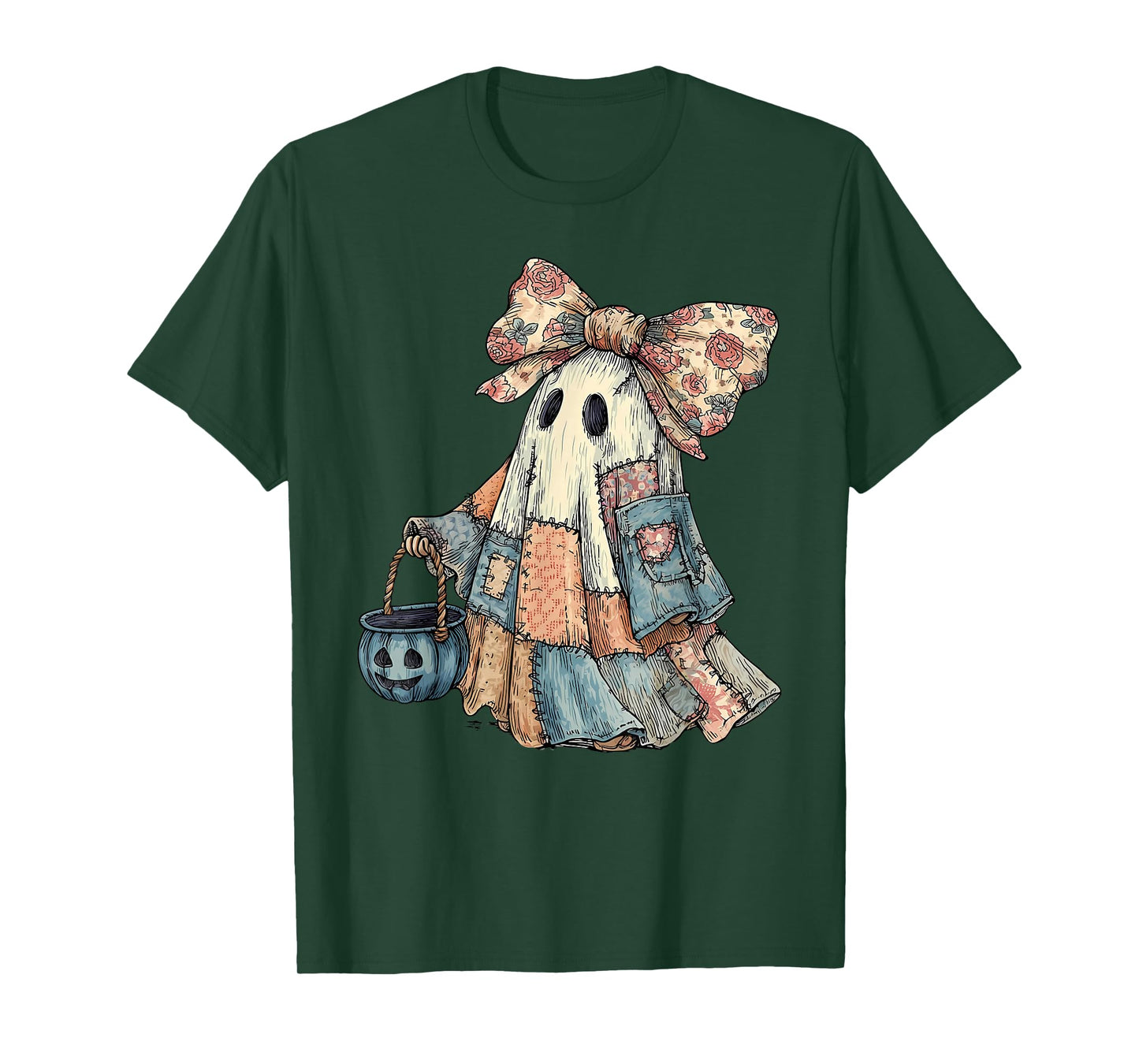 Vintage Preppy Blue Denim Patchwork Ghost Girly Halloween T-Shirt