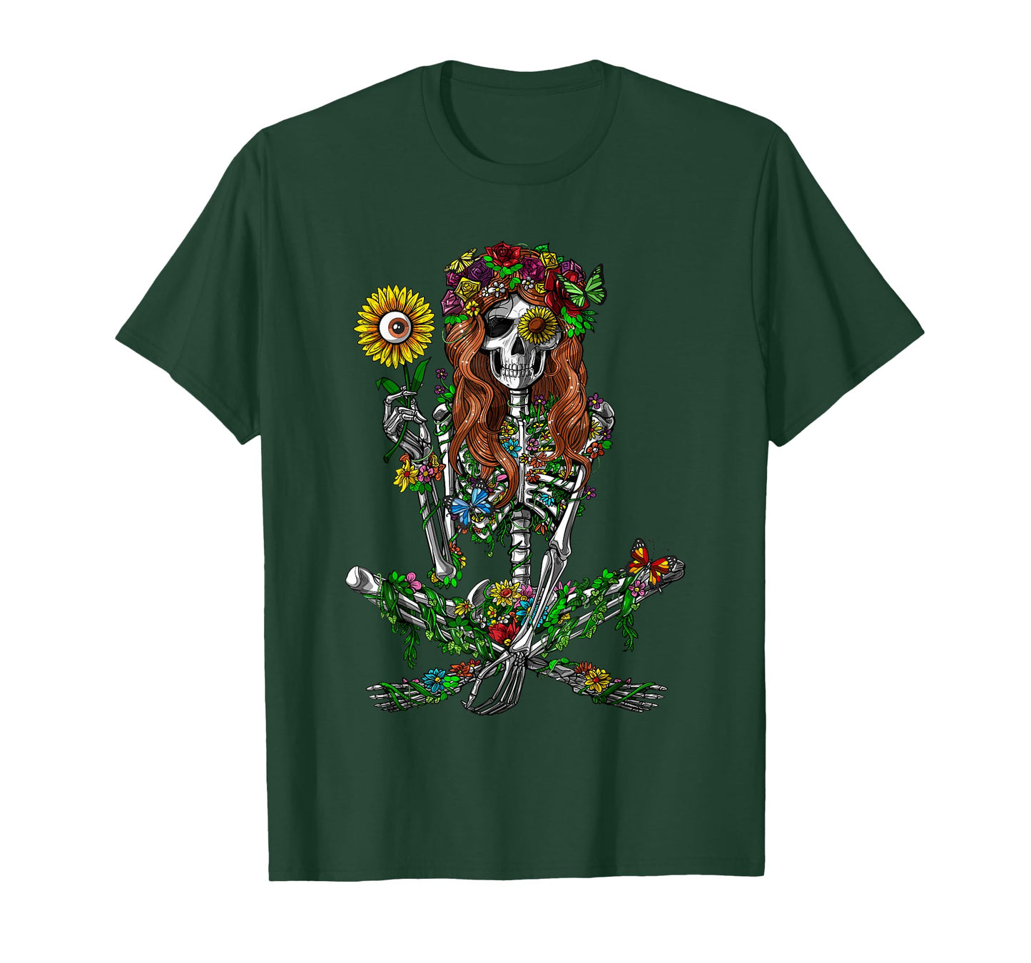 Skeleton Hippie Sunflower Forest Flowers Nature Floral T-Shirt
