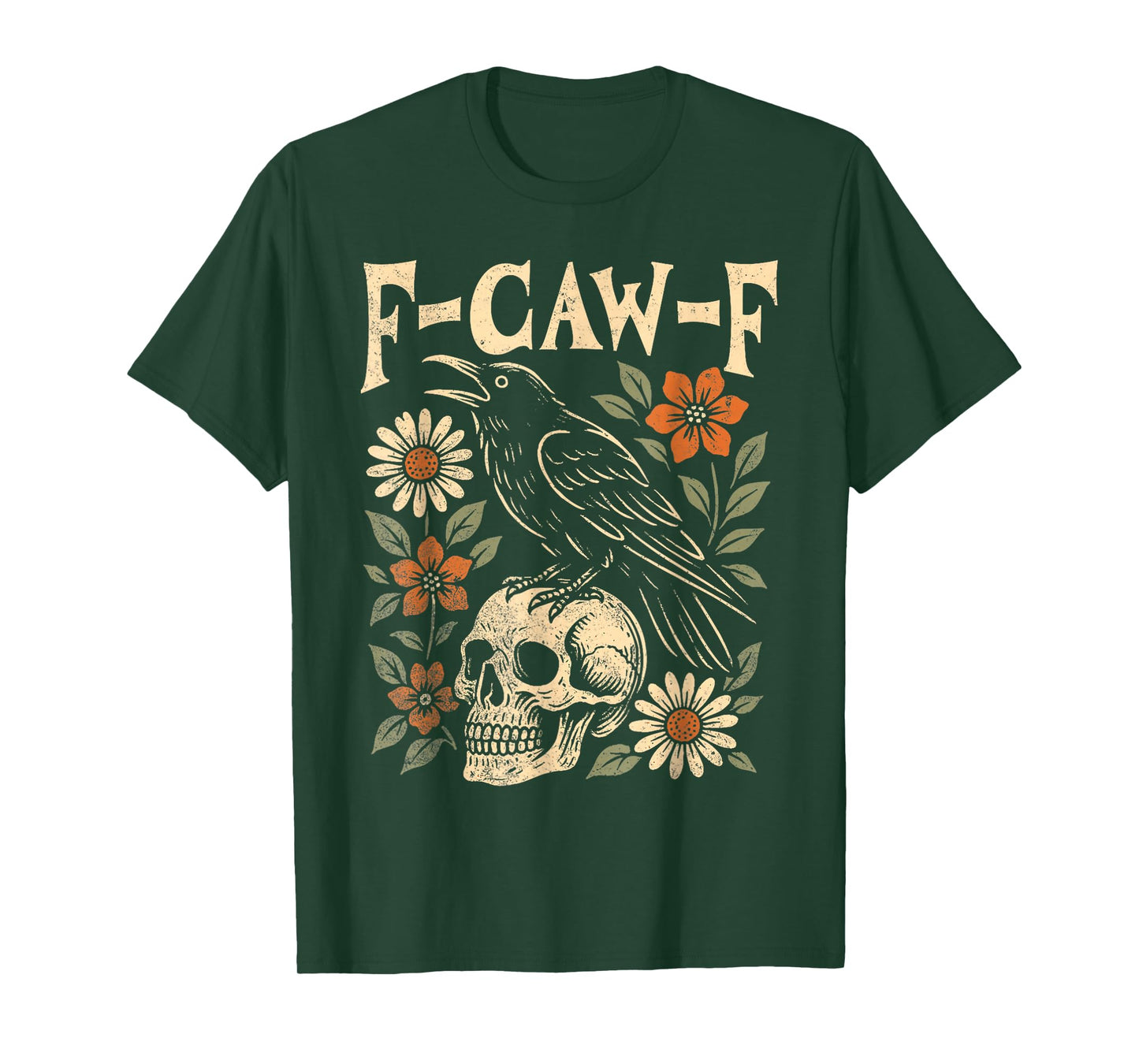 F-CAW-F Funny Vintage Crow Skull Botanical Floral Raven T-Shirt