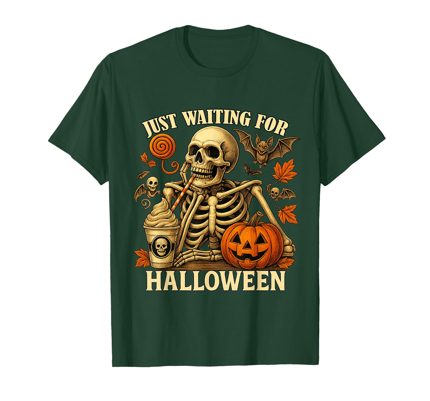Just Waiting for Halloween Funny Skeleton Pumpkin T-Shirt