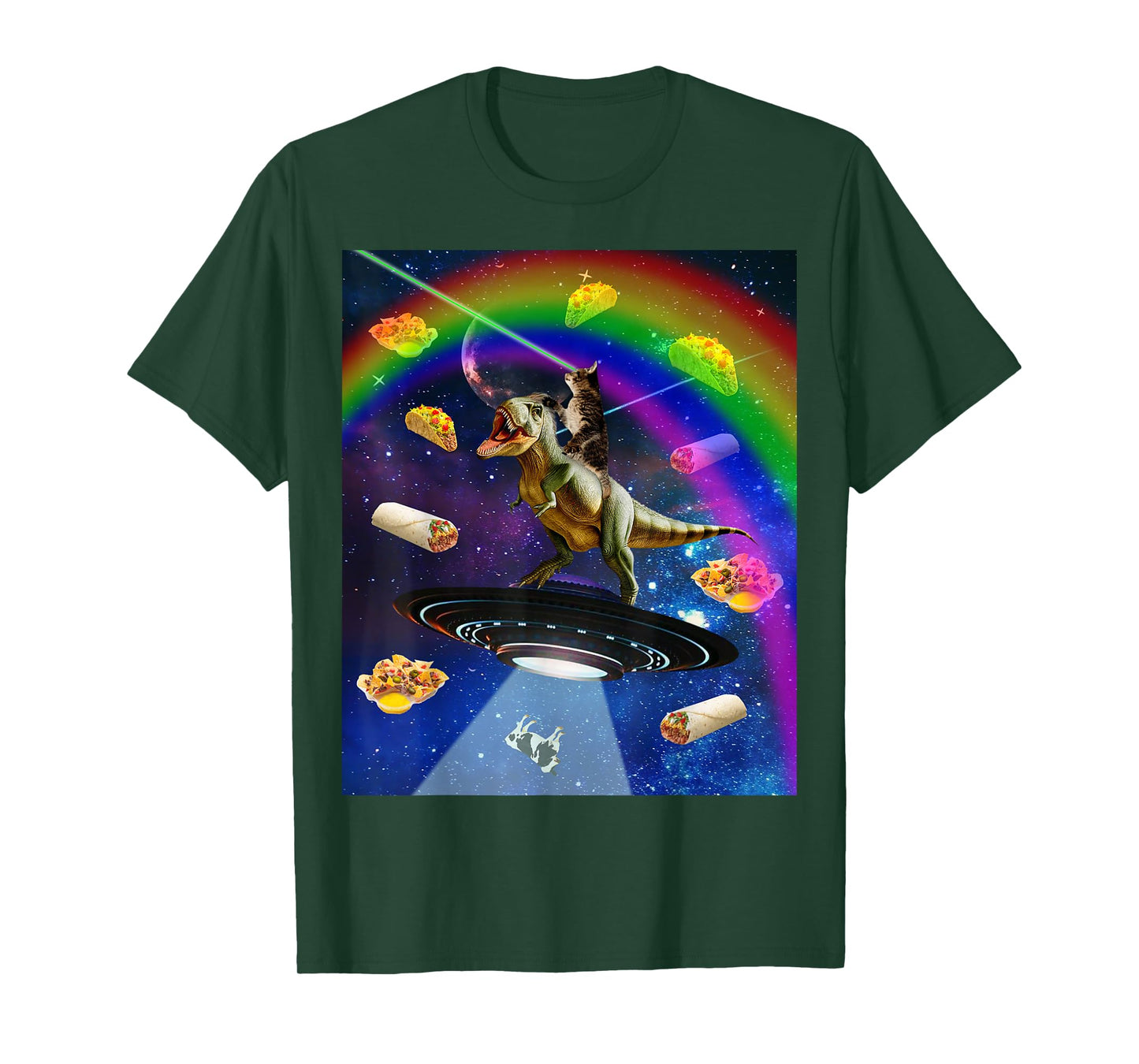 Laser Eyes Outer Space Cat Riding On T-Rex Dinosaur T-Shirt for Men Women
