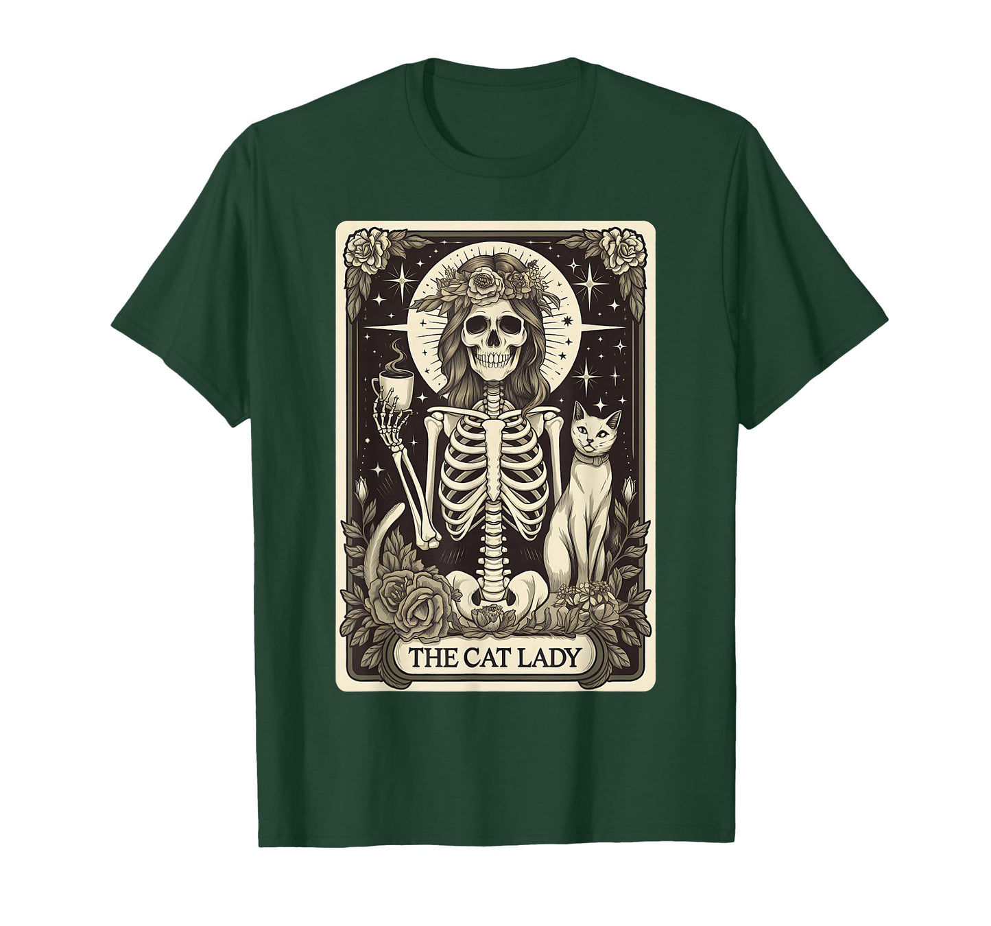 The Cat Lady Tarot Cards Skeleton Coffee Cats Halloween T-Shirt