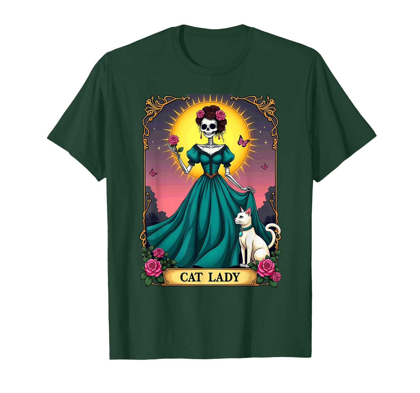 Retro Cat Lady Tarot Card Skeleton Halloween T-Shirt