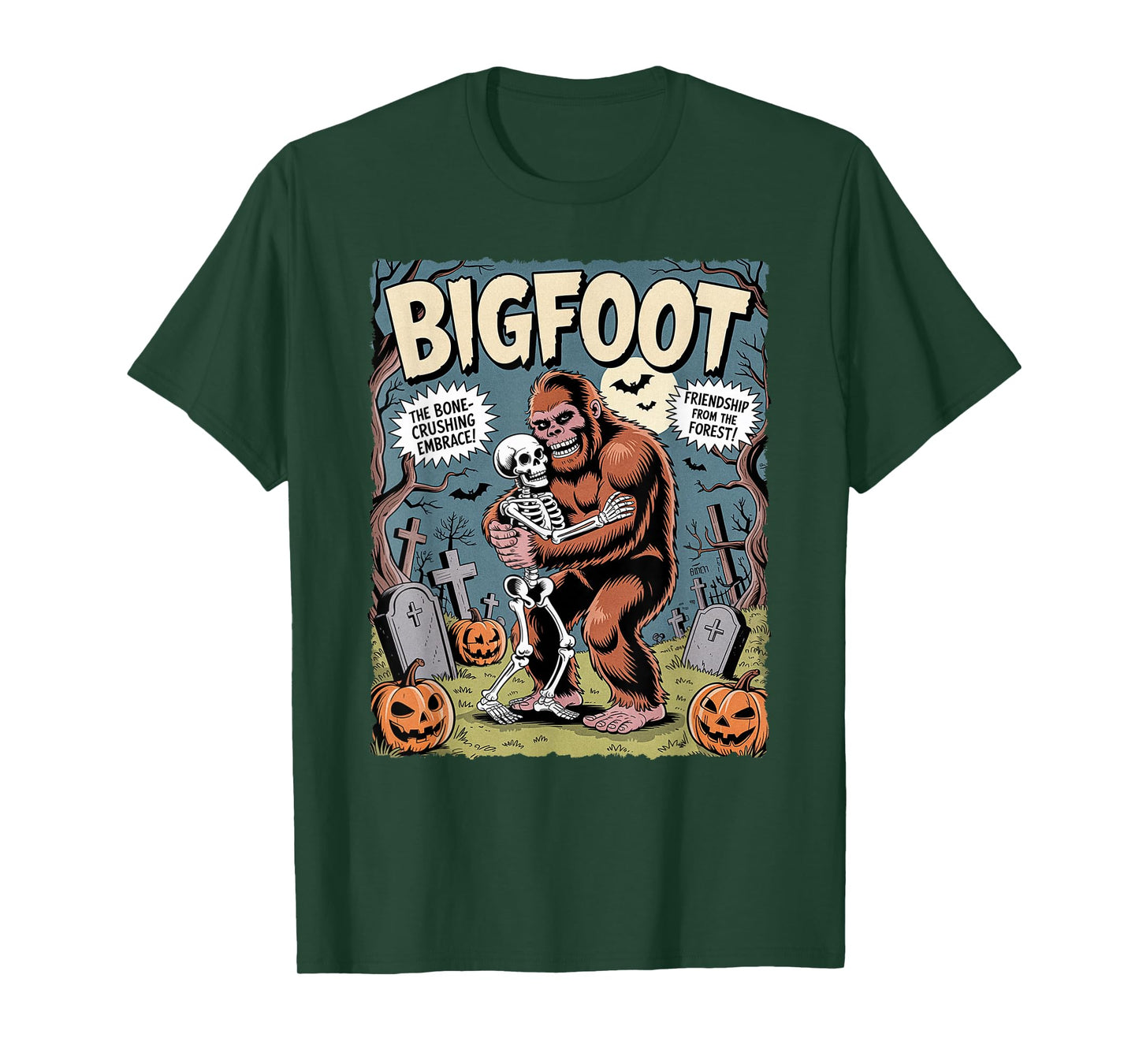 Funny Bigfoot Hugging a Skeleton Halloween Cryptid Comic T-Shirt