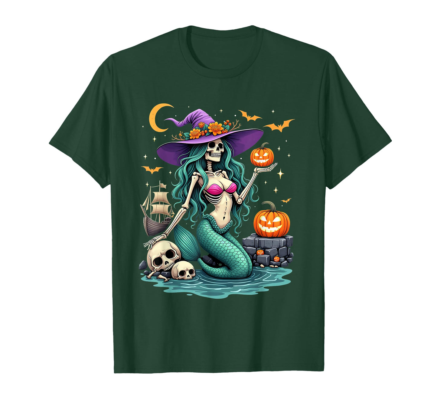 Skeleton Mermaid Witch Hat Pumpkins Ship Halloween Night T-Shirt