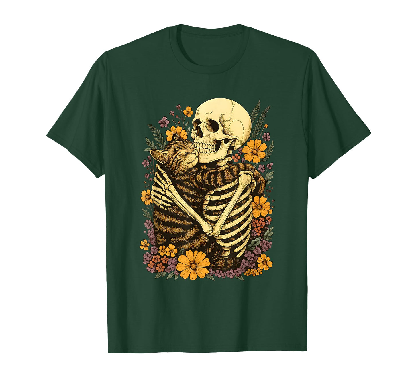 Skeleton Hugging Cat Floral Halloween Creepy Cute T-Shirt