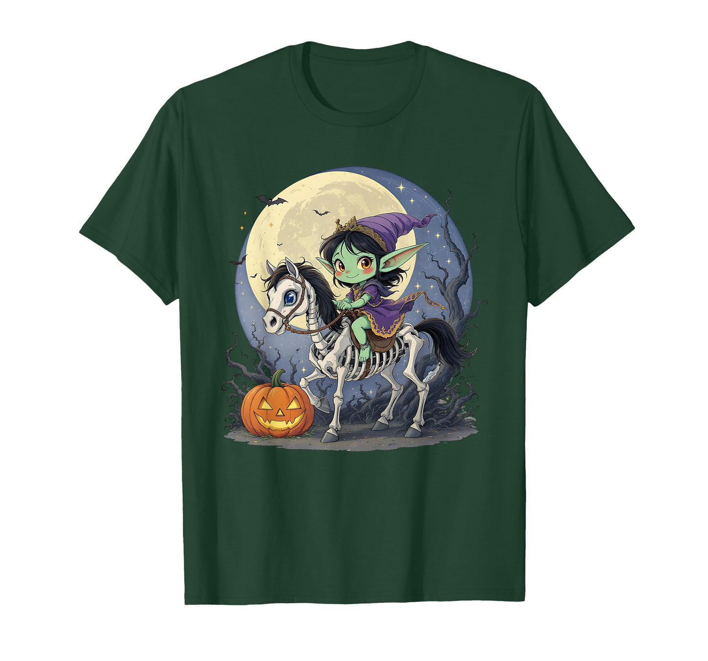 Dark Elf Goblin Troll Girl Riding Horse Skeleton Halloween T-Shirt