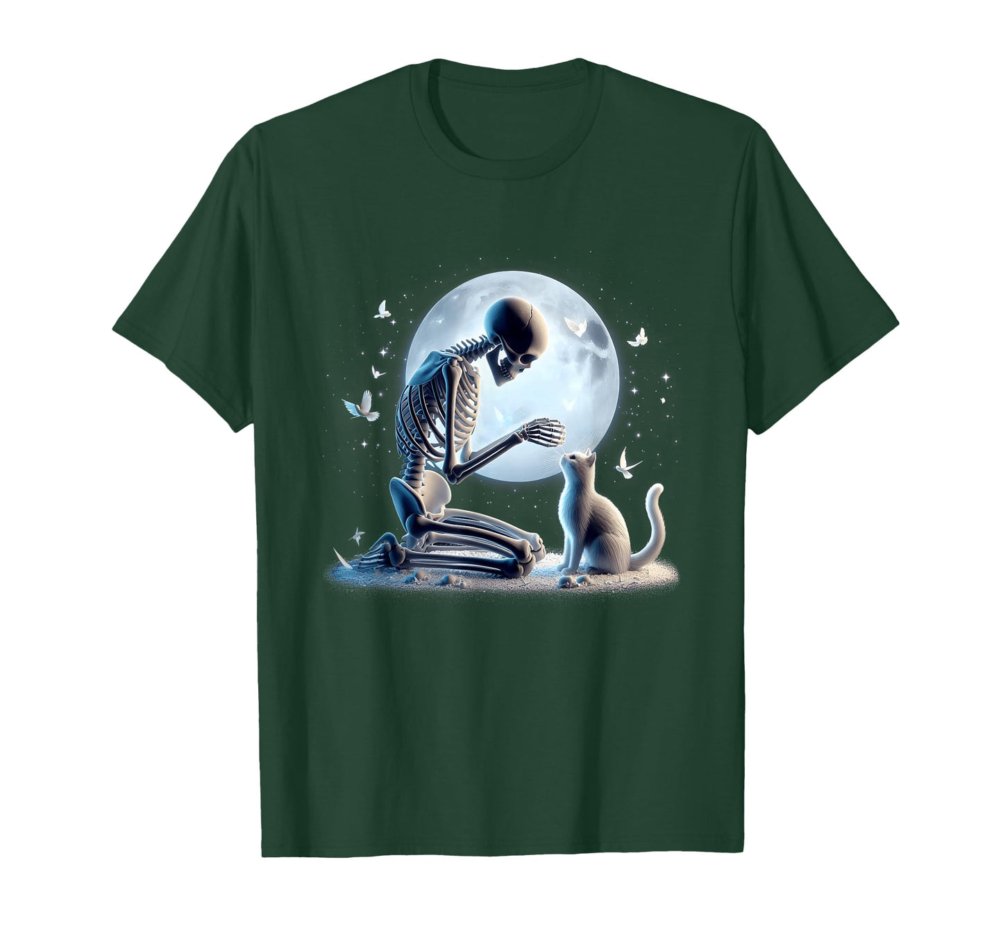 Skeleton with Cat Gothic Halloween Moon Scene White Kitty T-Shirt