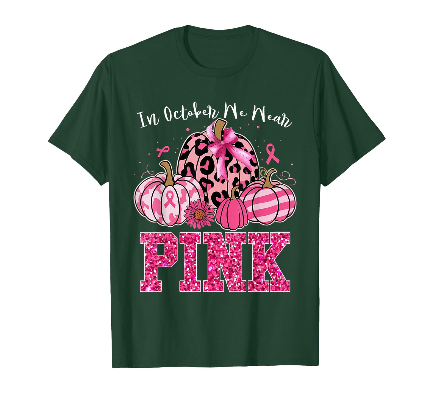 In October We Wear Pink Leopard Pumpkin Breast Cancer Gift T-Shirt