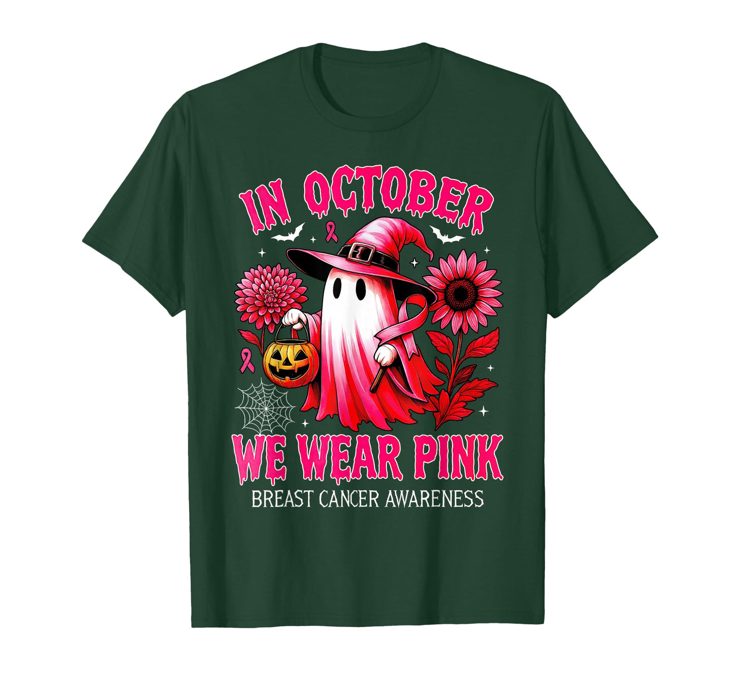 In October We Wear Pink Halloween Shirt Ghost Breast Cancer T-Shirt