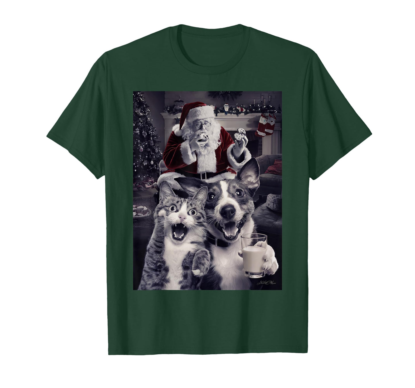 Funny Dog and Cat Selfie With Santa Christmas Men Women Girls Kids T-Shirt