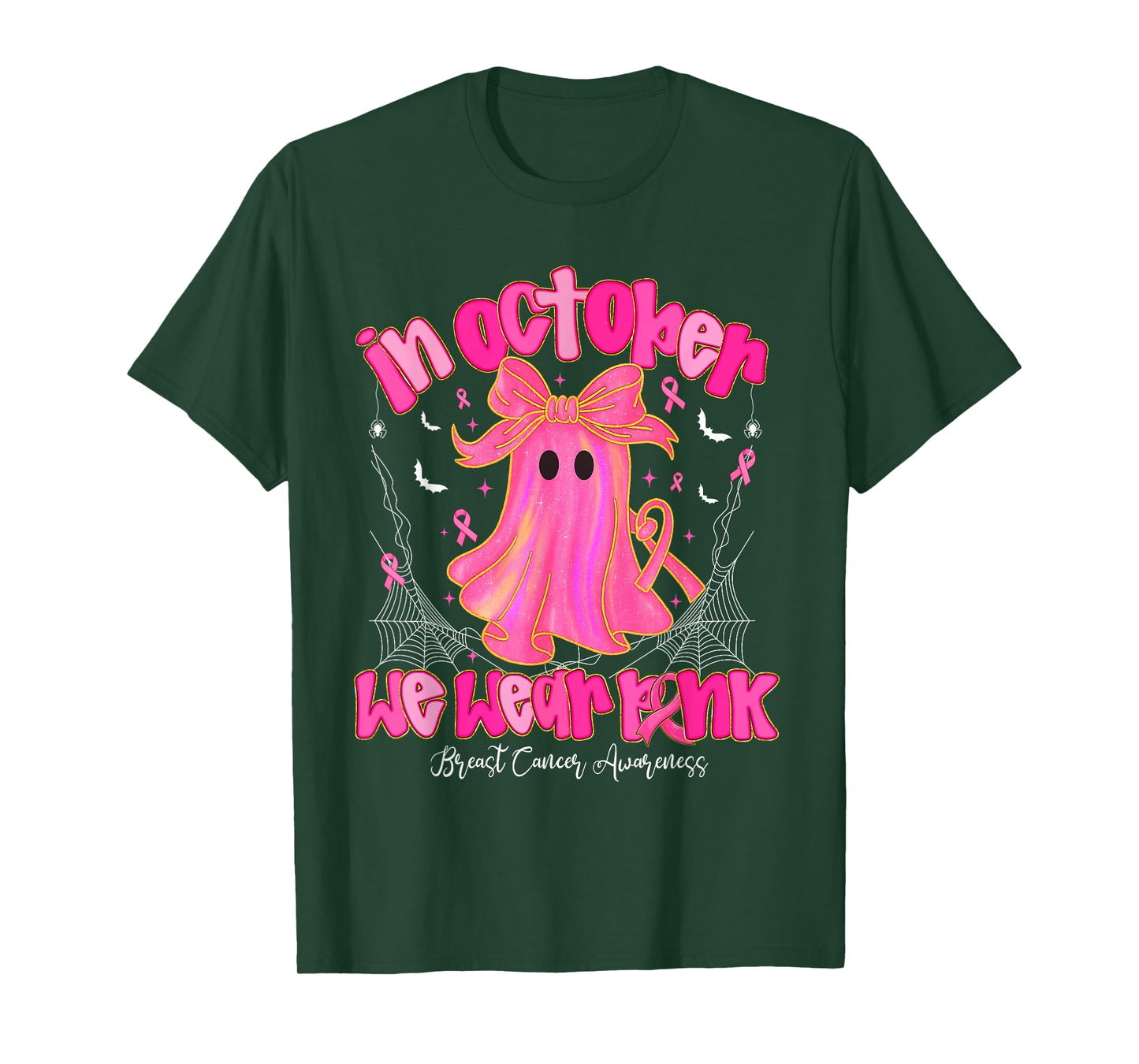 Halloween Ghost Cute Bow Breast Cancer Awareness Pink Ribbon T-Shirt