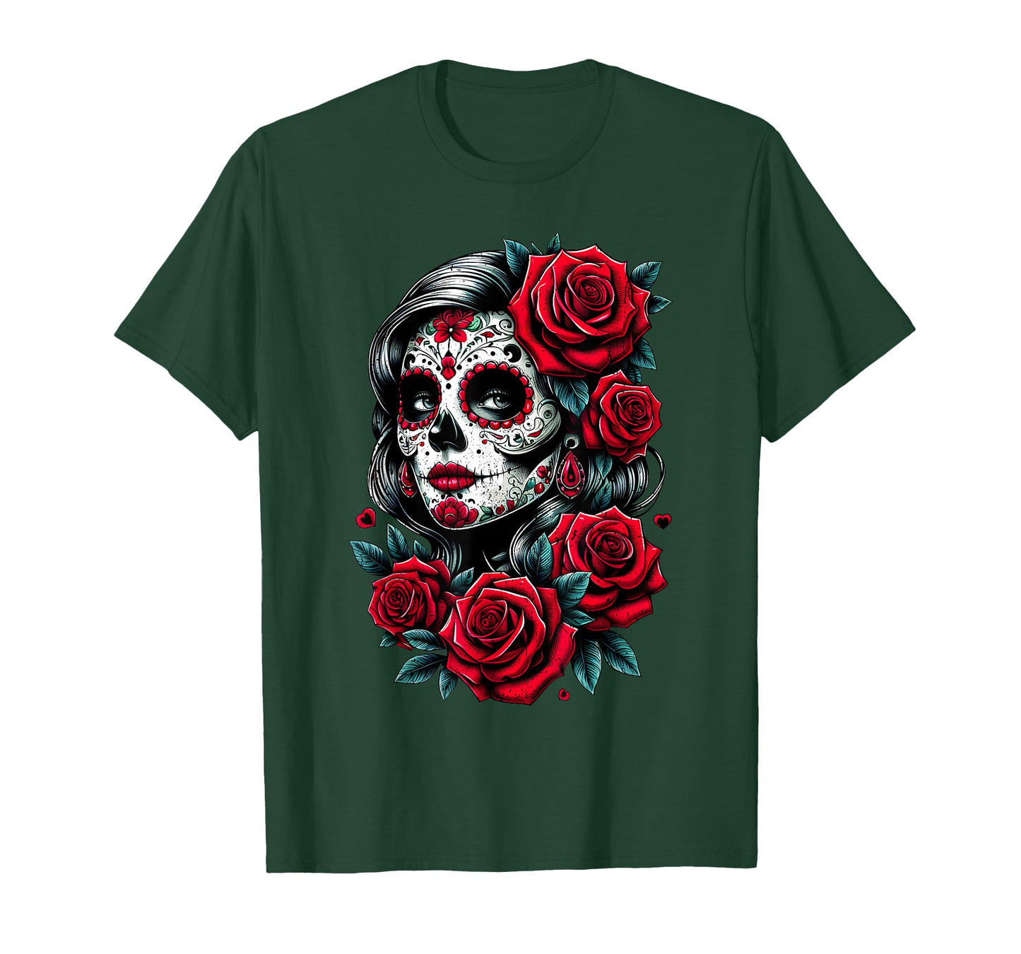 Dia de Muertos Cinco de Mayo Sugar Skull Women Red Roses T-Shirt