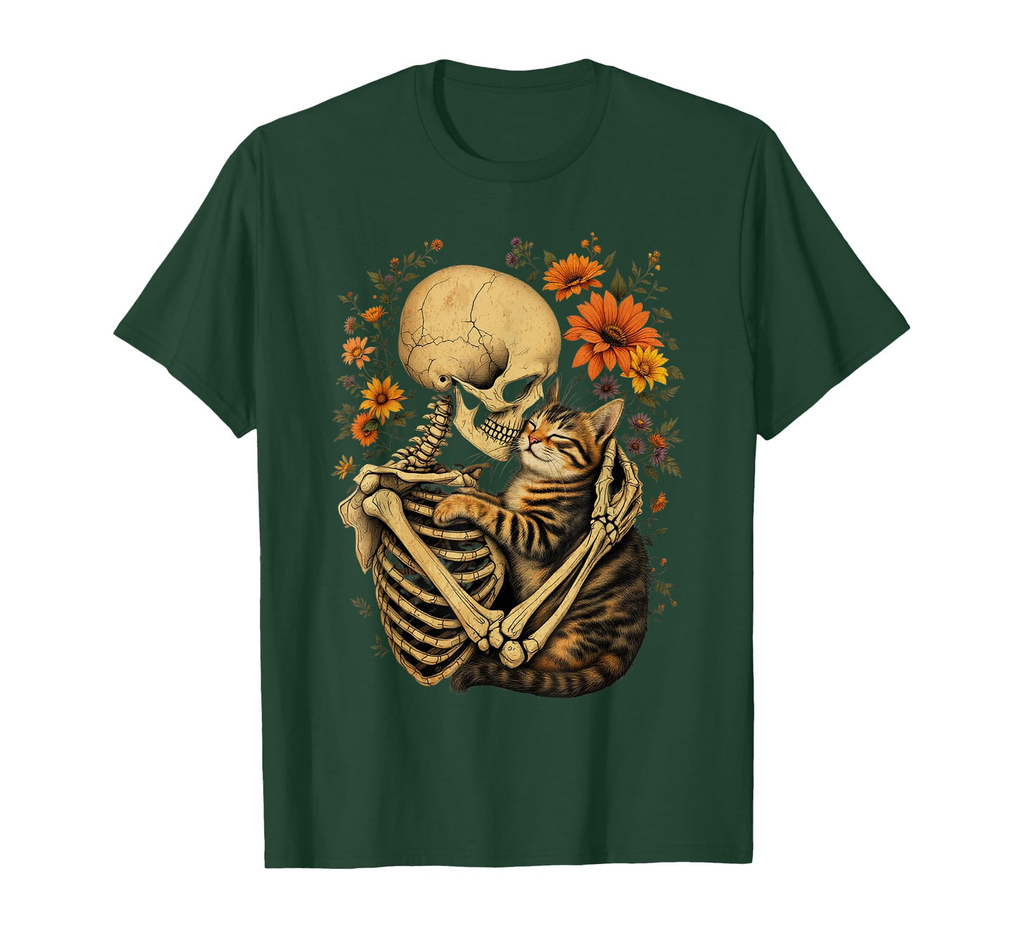 Skeleton Hugging Cat Floral Halloween Cat Lover Mom Costume T-Shirt