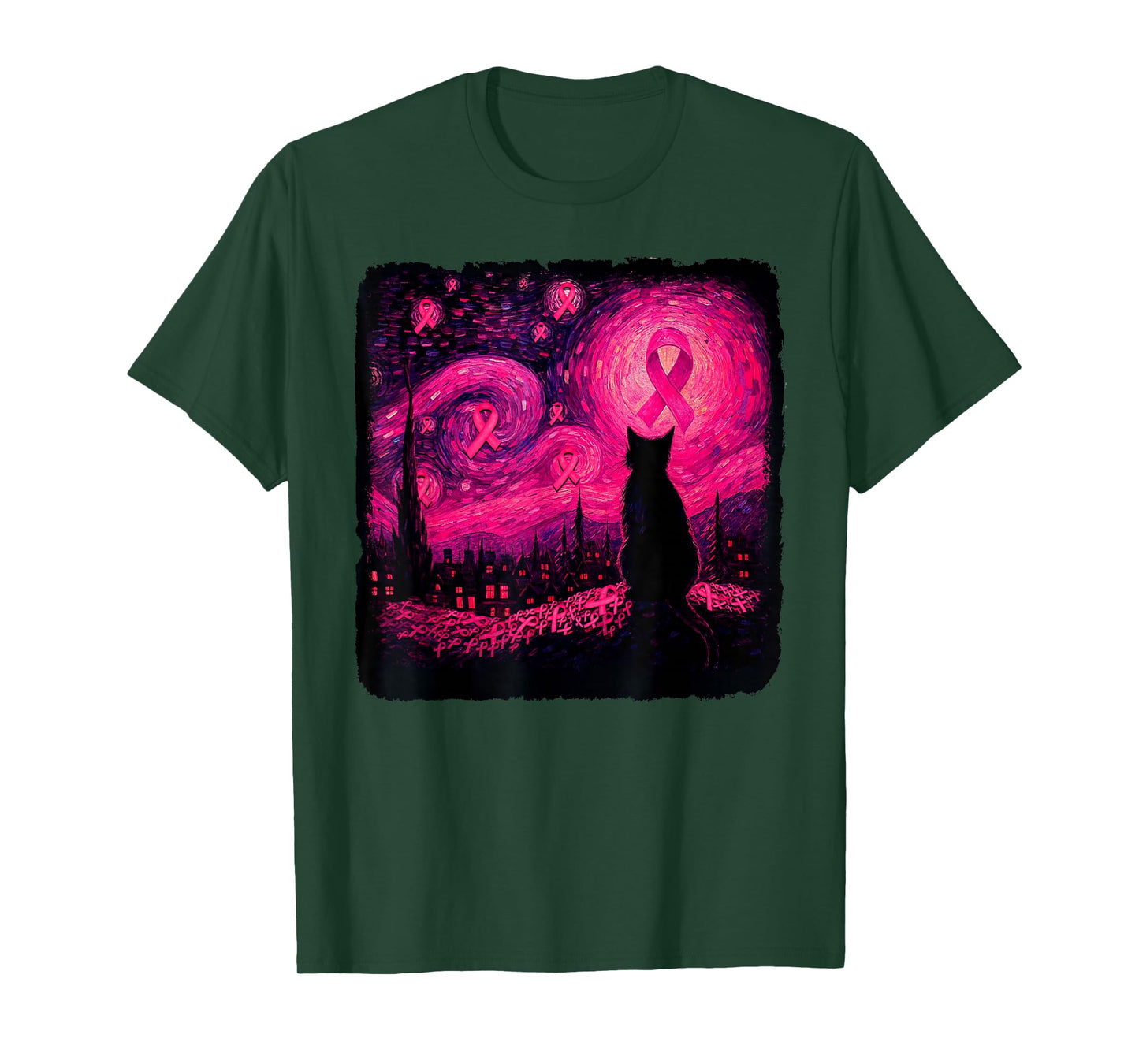 Starry Night Van Gogh Cat Halloween Breast Cancer Awareness T-Shirt
