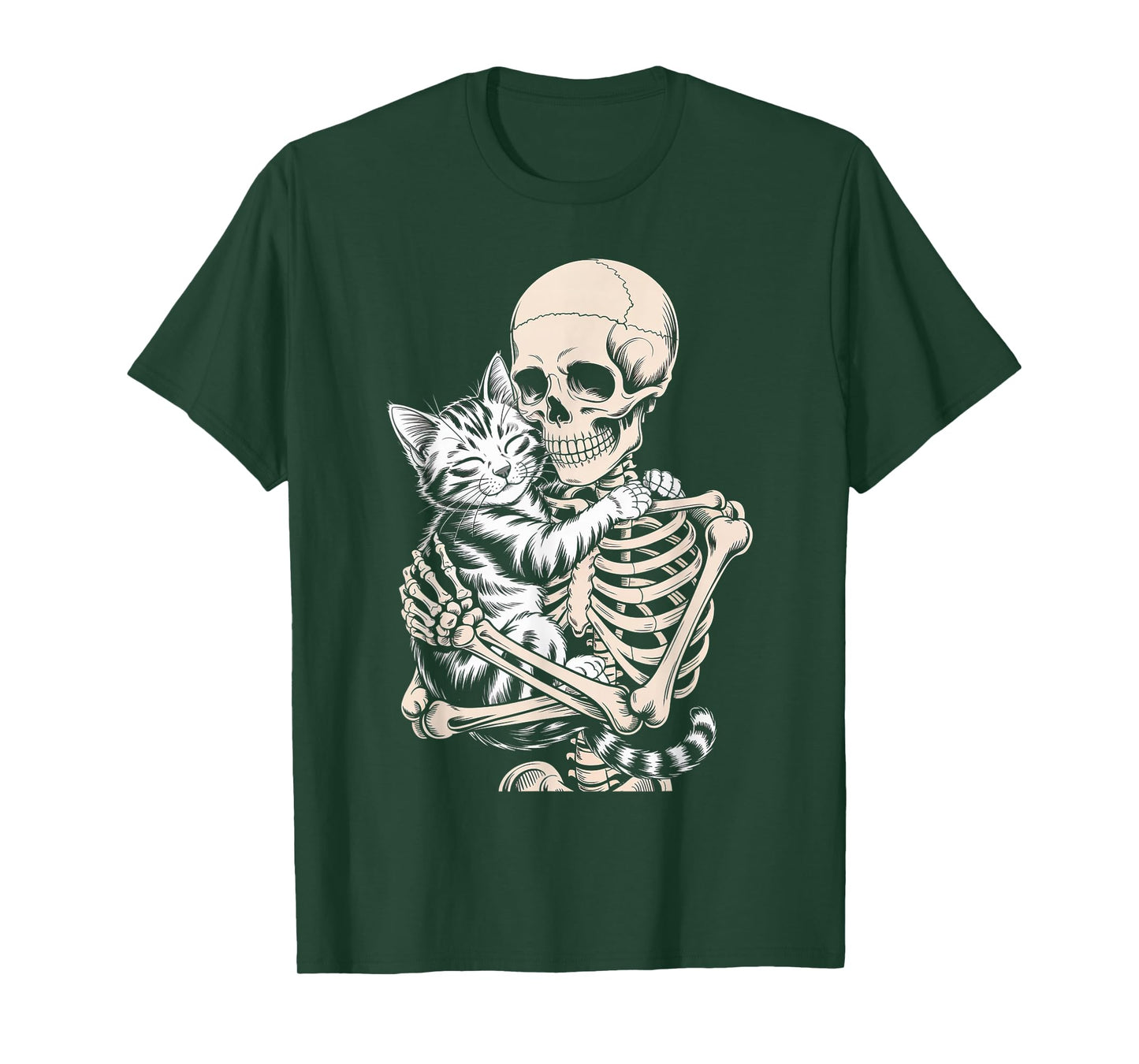 Skeleton Hugging Adorable Cat Vintage Illustration Halloween T-Shirt