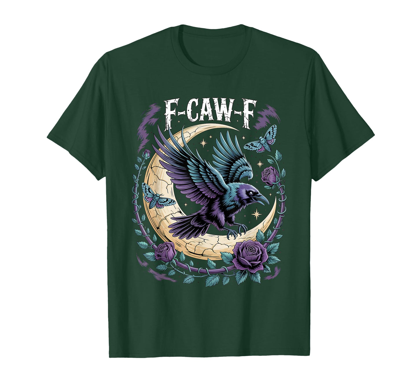F CAW F Gothic Fly Raven Moon Face Rune Rose Fantasy Moth T-Shirt