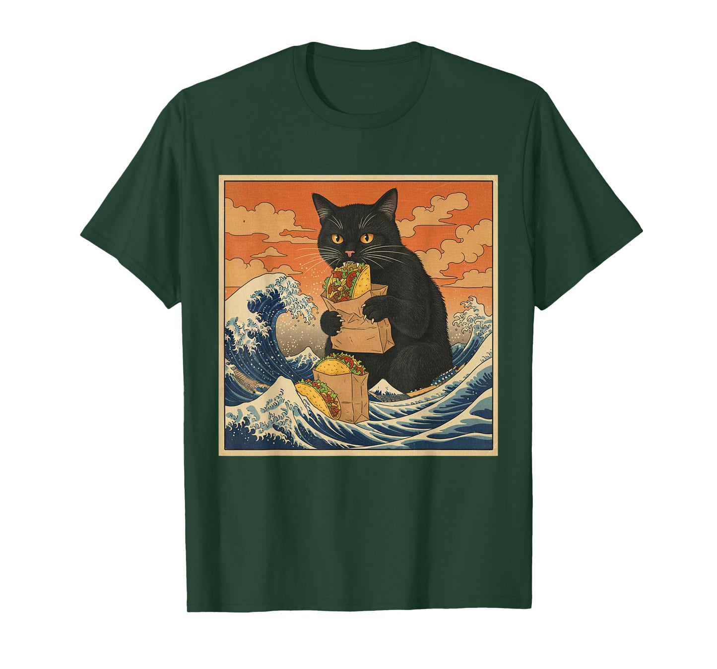 Funny Black Cat Eating Tacos Japanese Art Men Women Kid T-Shirt