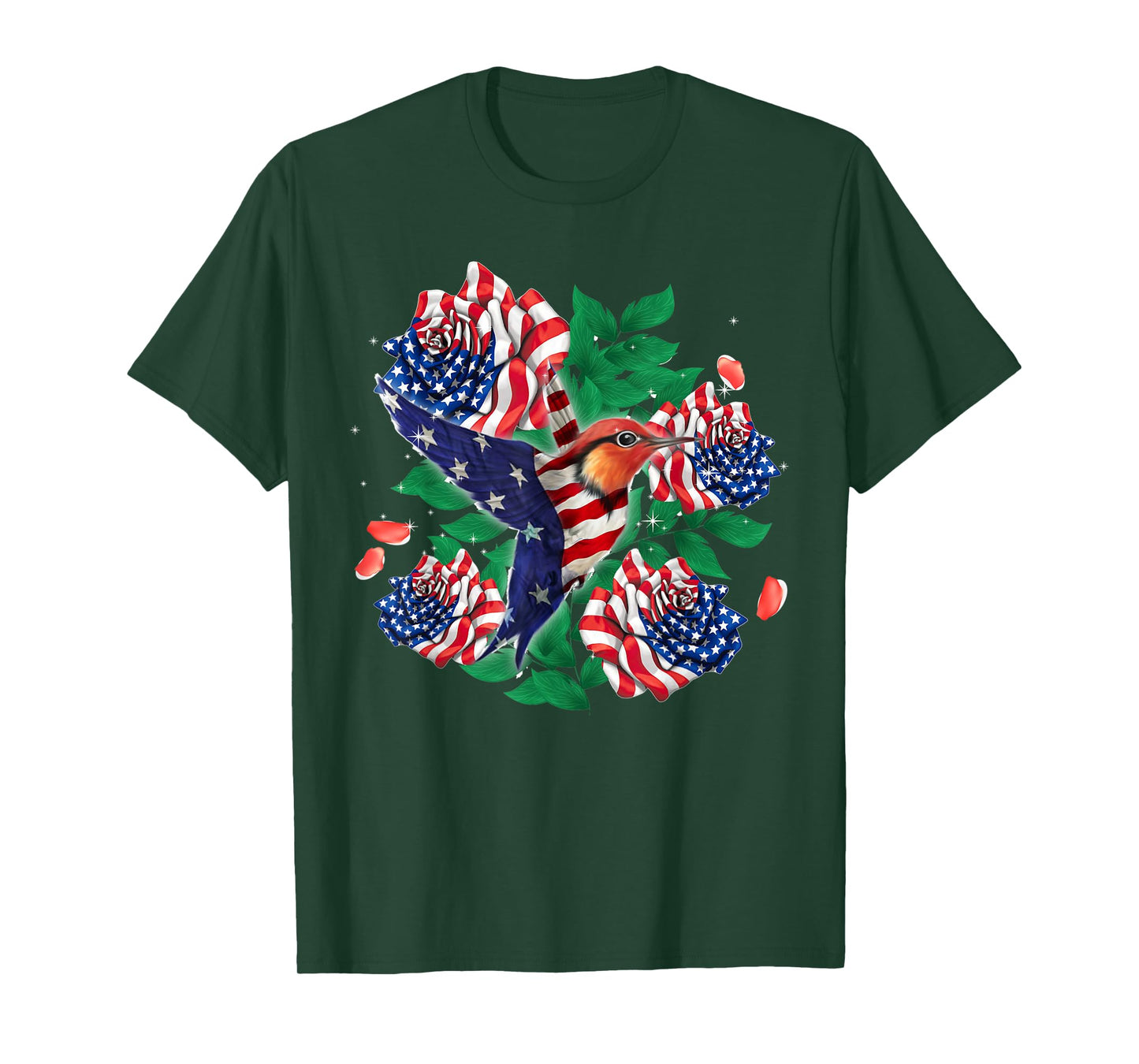 Hummingbird and Rose American Flag Tee Patriotic 4th Of July T-Shirt for Women Men
