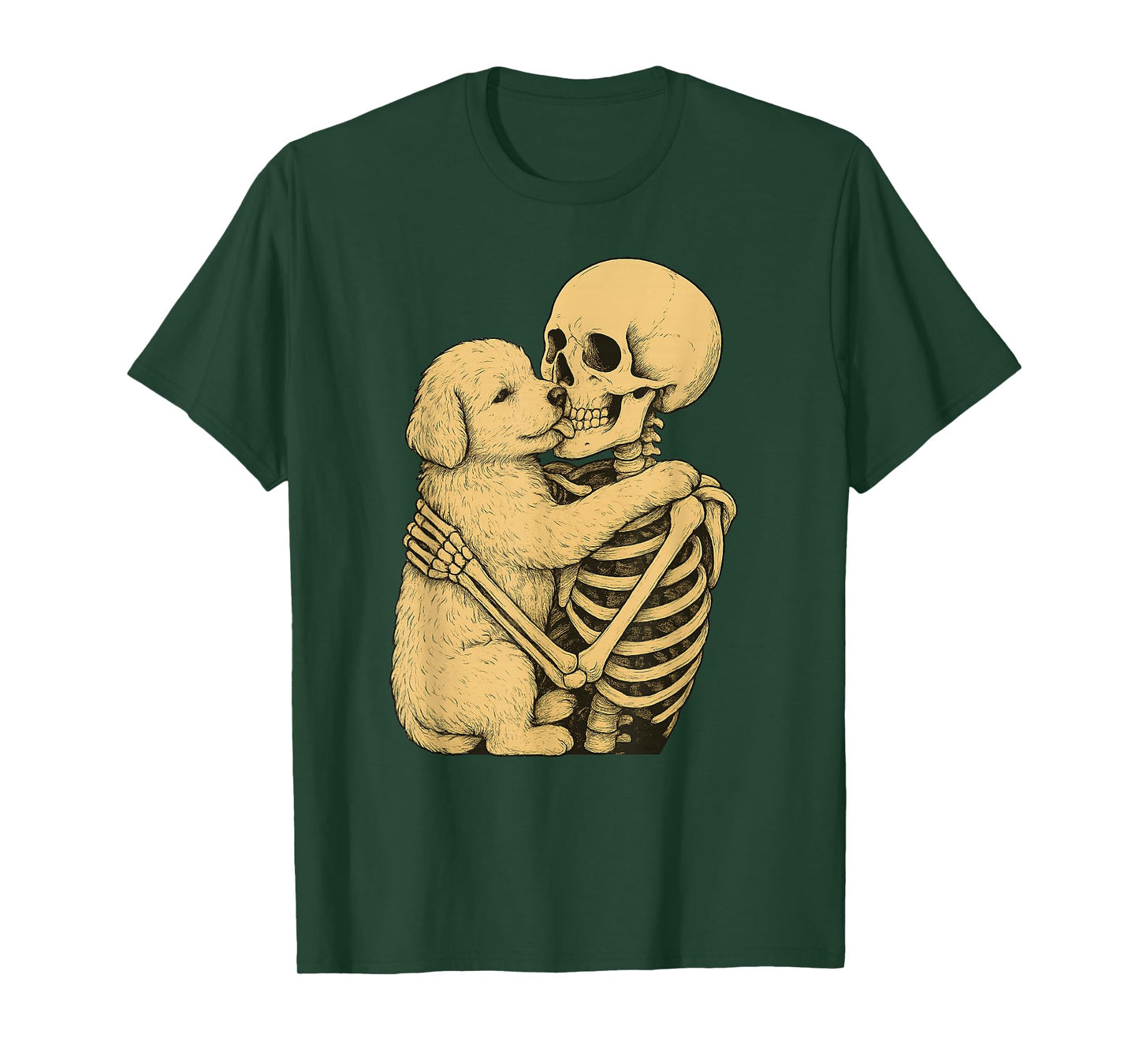 Skeleton Hugging Baby Doodle Dog Halloween T-Shirt