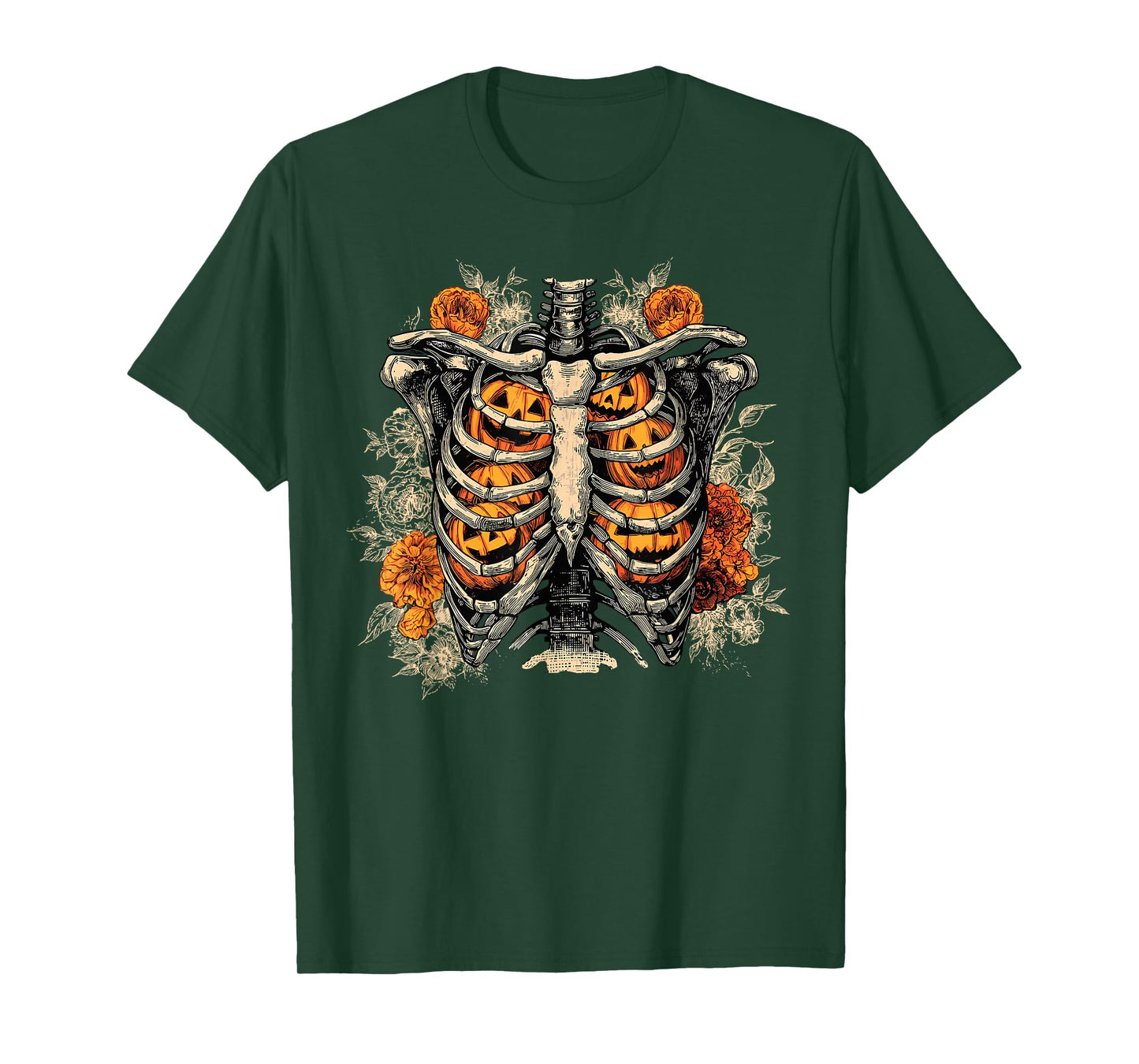 Retro Skeleton Floral Ribcage Pumpkin Fall Halloween Costume T-Shirt