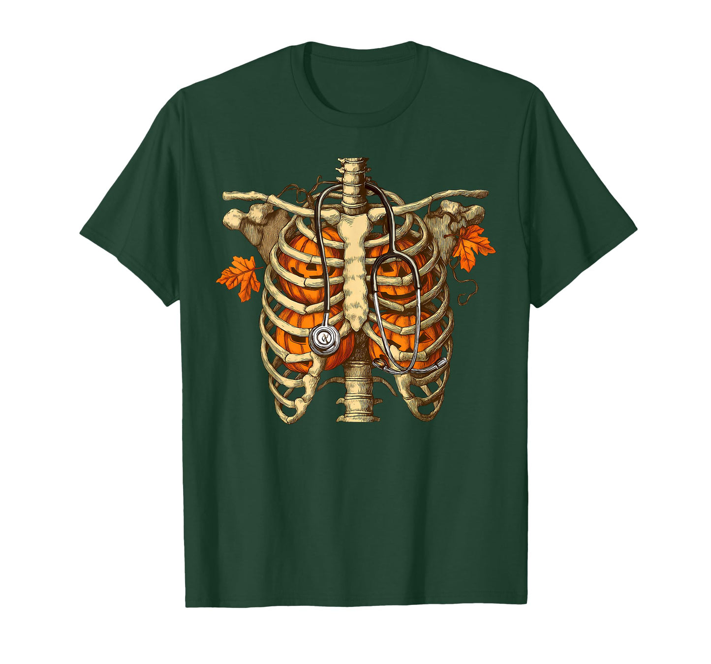 Halloween Spooky Nurse Costumes Pumpkin Rib Cage Stethoscope T-Shirt