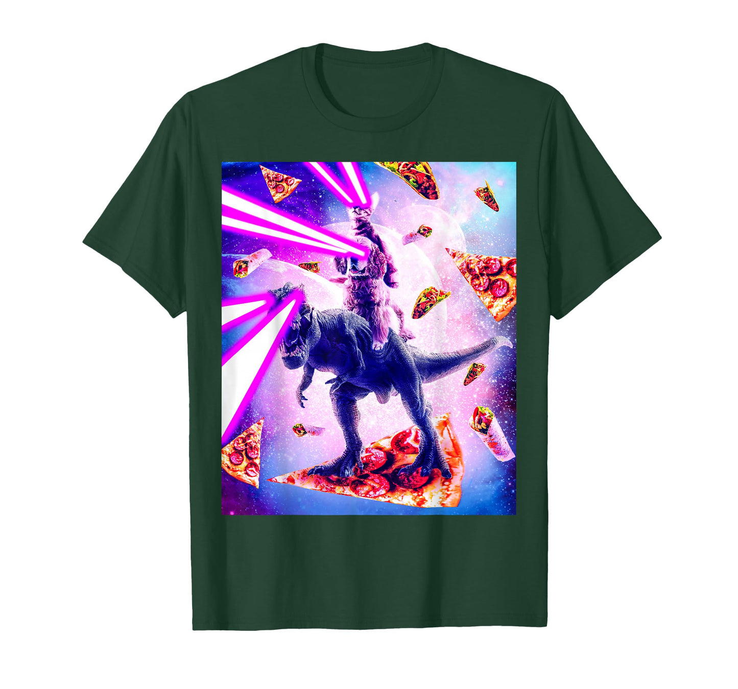 Laser Eyes Space Cat Riding Dog And Dinosaur T-Shirt