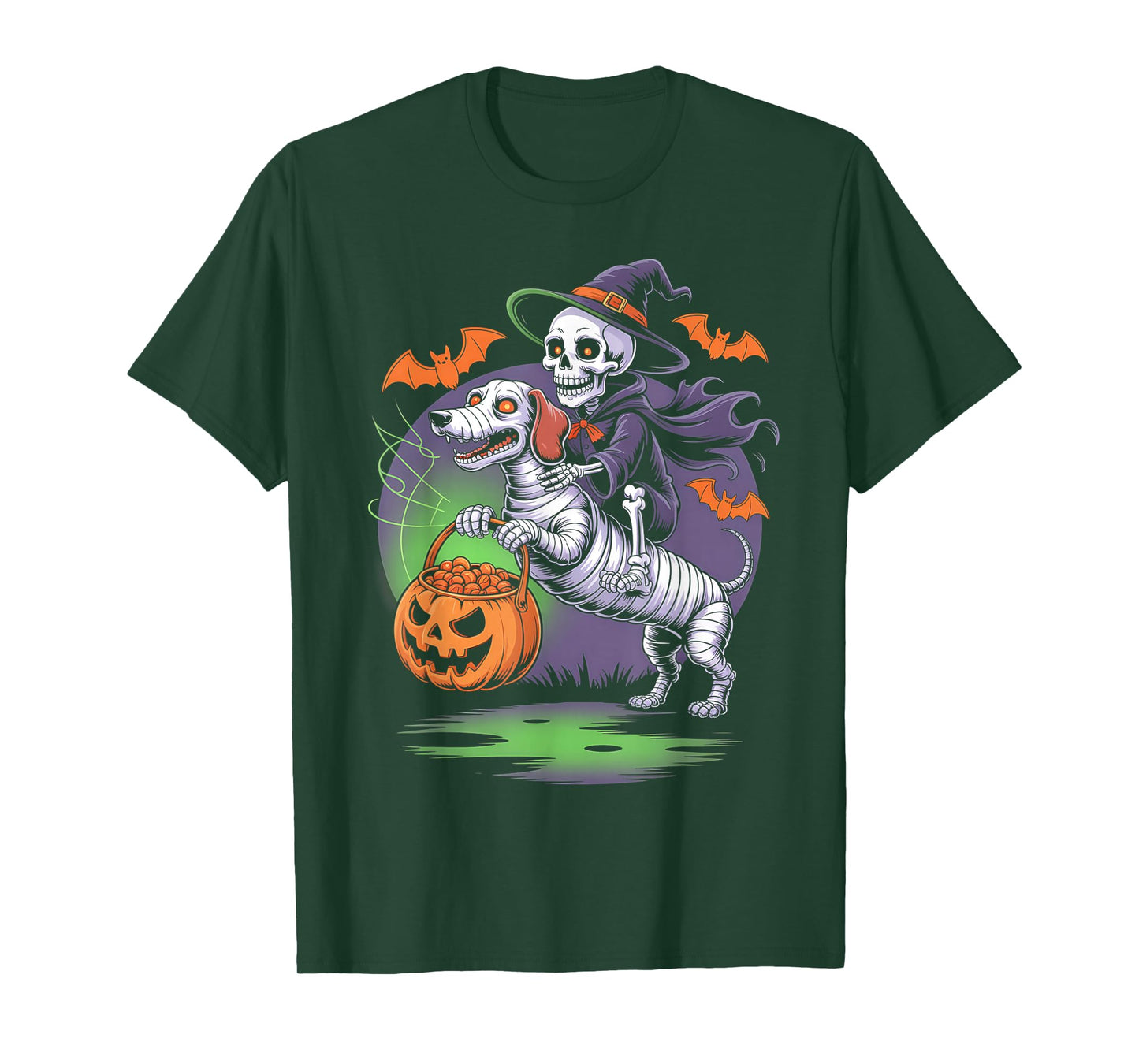 Funny Skeleton Riding Mummy Dachshund Dog Pumpkin Halloween T-Shirt