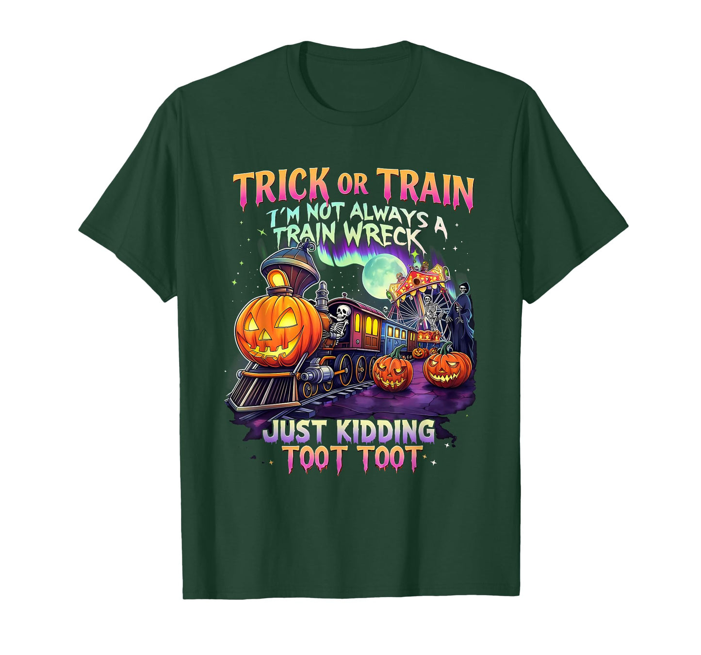 Trick Or Train Funny Halloween Pumpkin Skeleton Ghosts T-Shirt