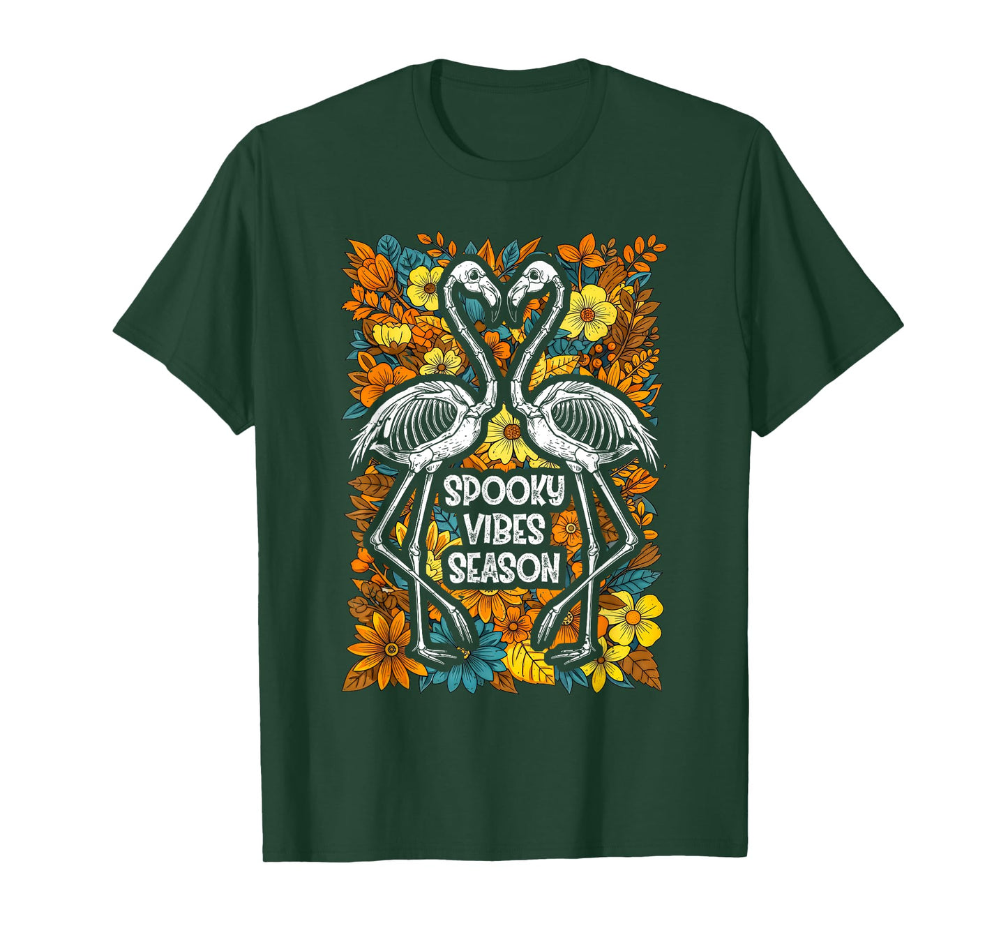 Halloween Flamingo Skeleton Spooky Vibes Season Graphic T-Shirt