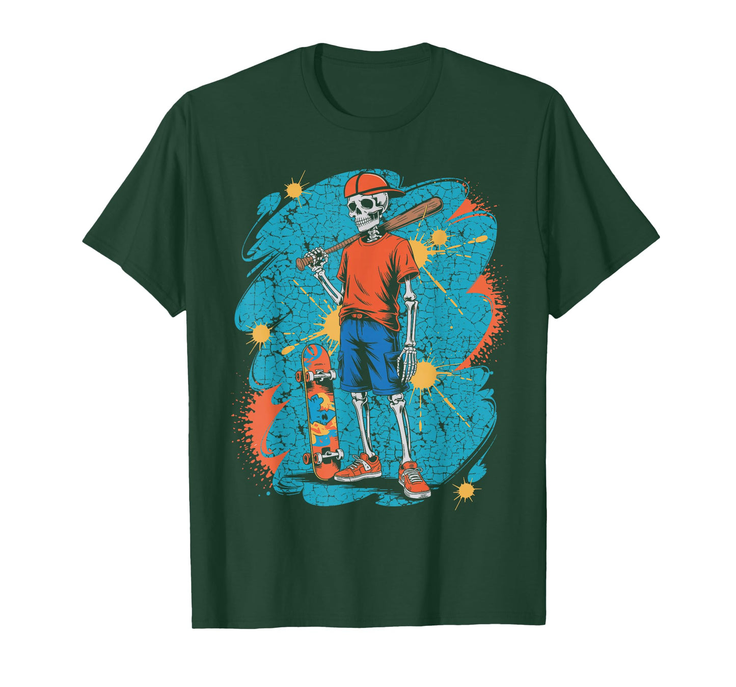 Halloween Skeleton Baseball Skateboard Teen Street Graphic T-Shirt