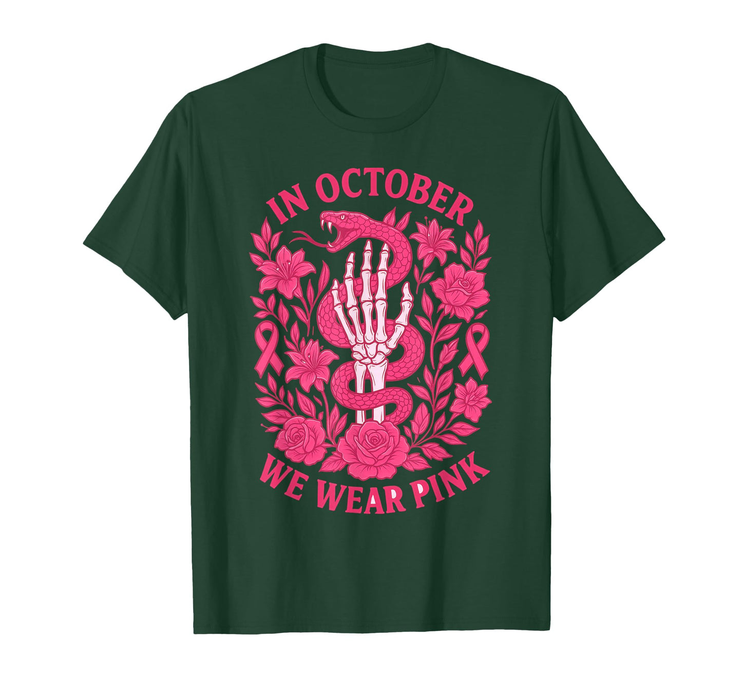in October We Wear Pink Ribbon Snake Skeleton Hand Womens T-Shirt