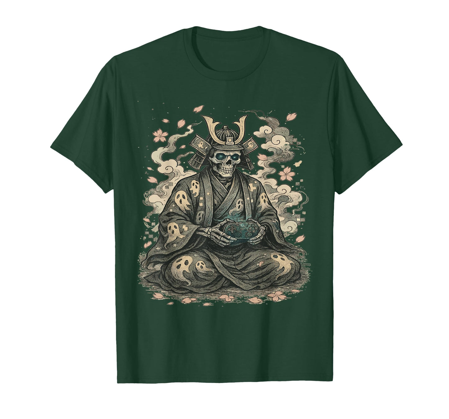 Skeleton Samurai with Controller Gaming Japanese Desig T-Shirt