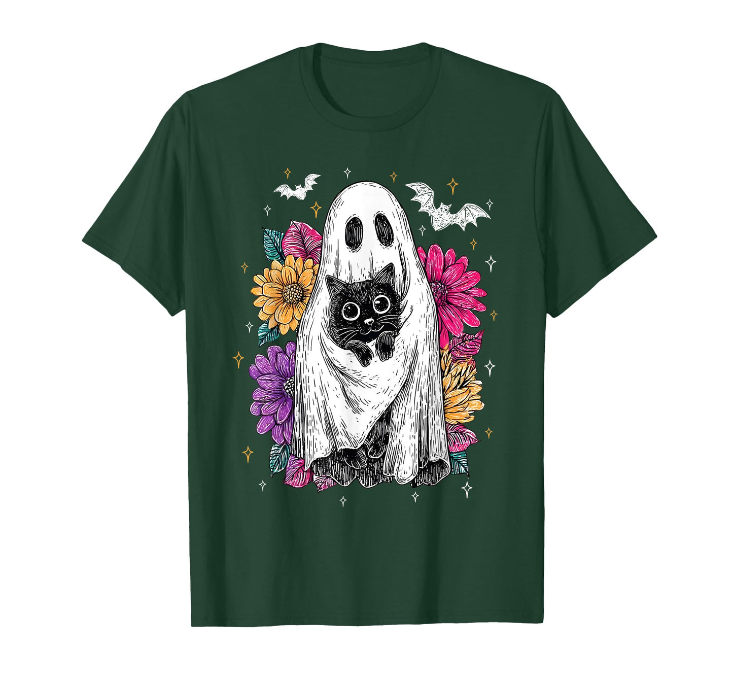 Ghost Cat Floral Halloween Cute Black Cat Spooky Season T-Shirt