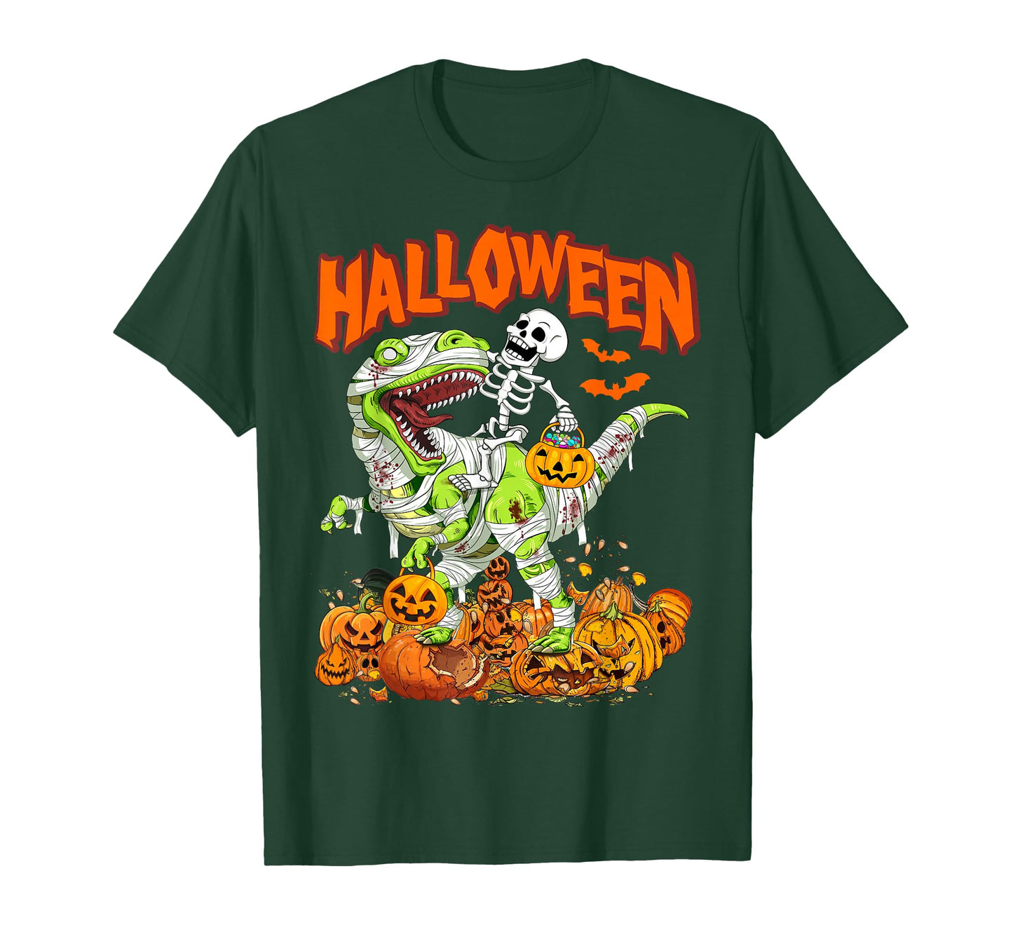 Skeleton Riding Mummy Dinosaur T rex Halloween Pumpkins Kid T-Shirt