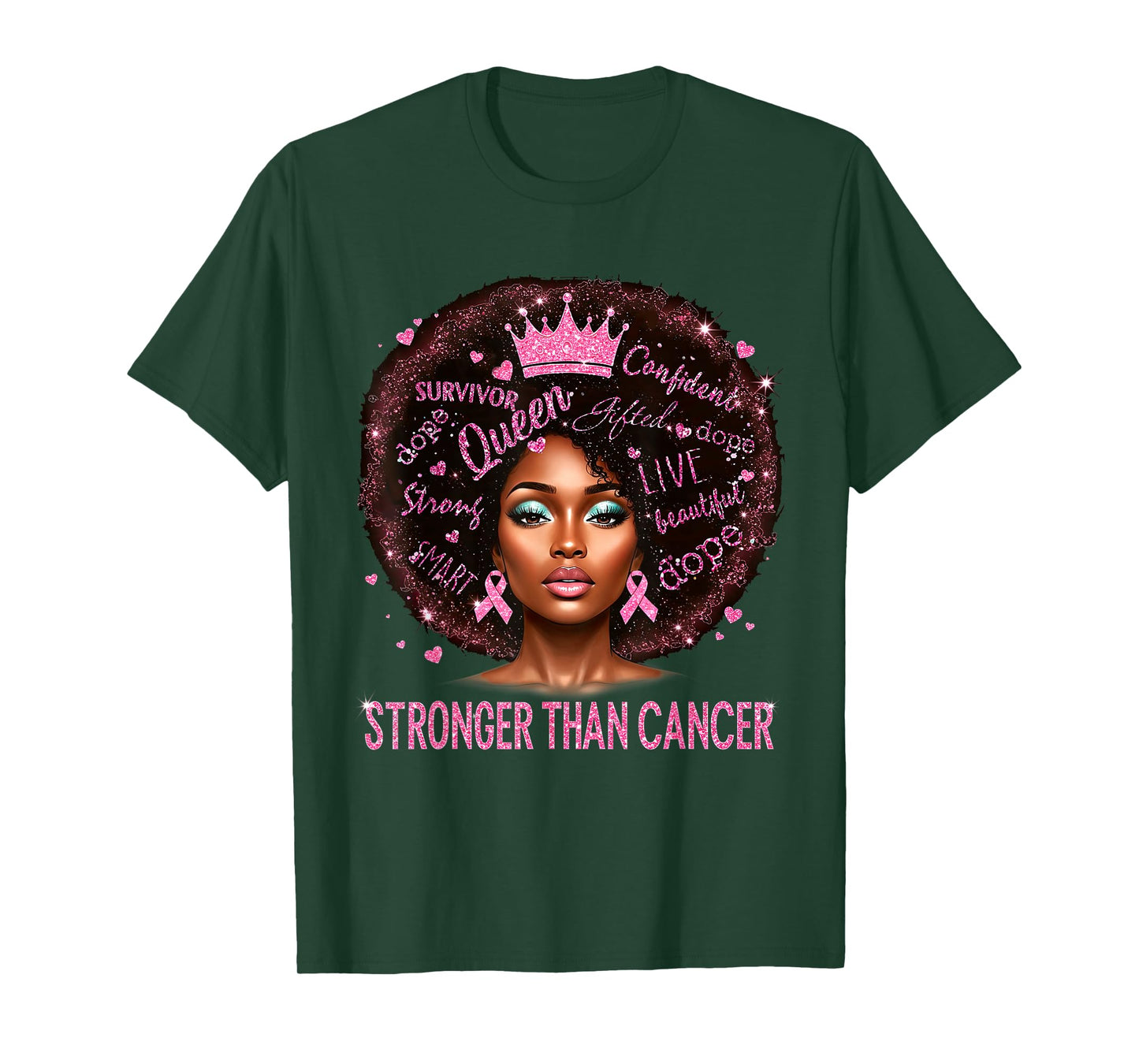 Black Women Queen Stronger Than Breast Cancer Pink Ribbon T-Shirt