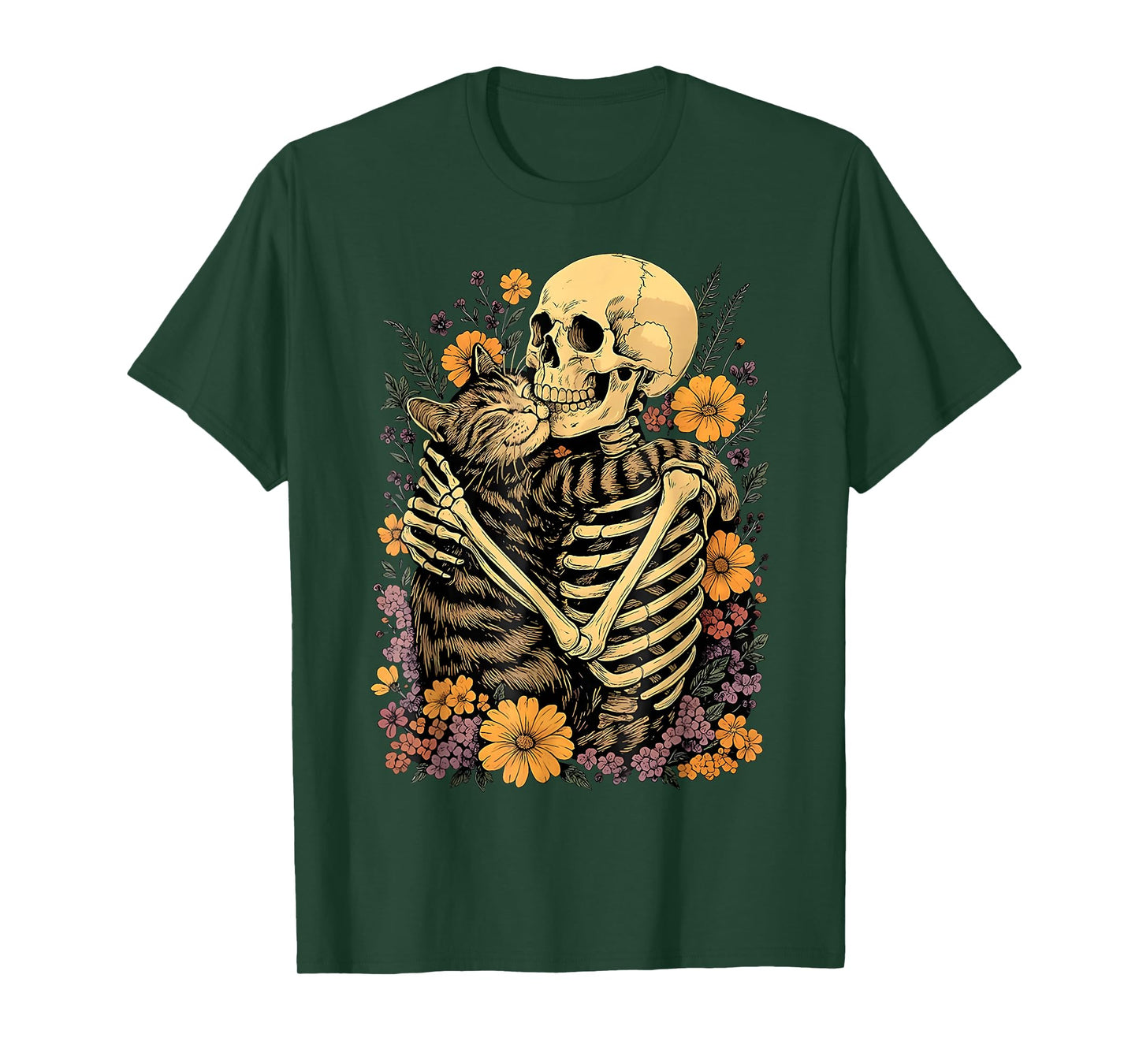 Skeleton Hugging Cat Floral for Cat Lovers Halloween Night T-Shirt