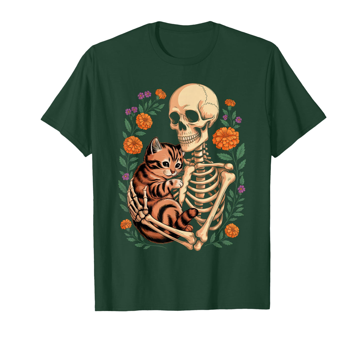 Skeleton Hugging Cat Halloween Costume Cat Lover Skull Cat T-Shirt