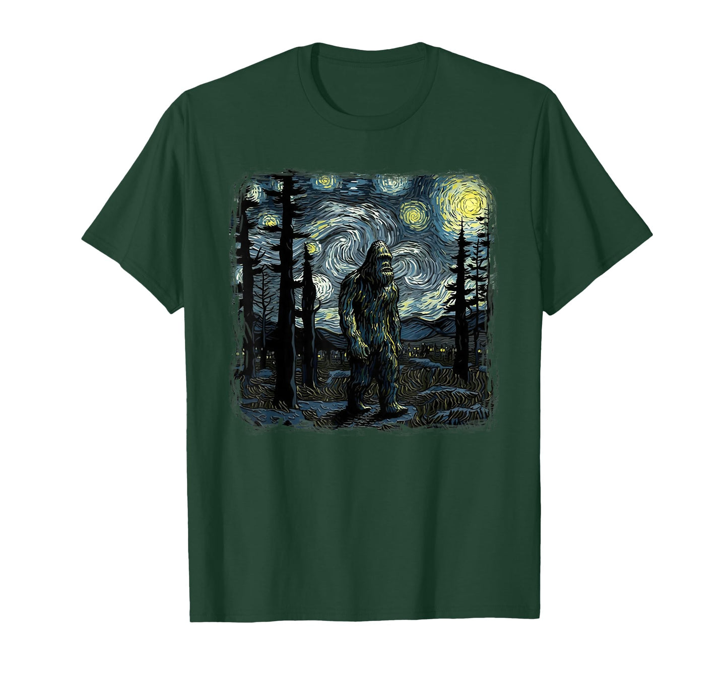 Bigfoot Starry Night Sasquatch Van Gogh Sky Painting Art T-Shirt