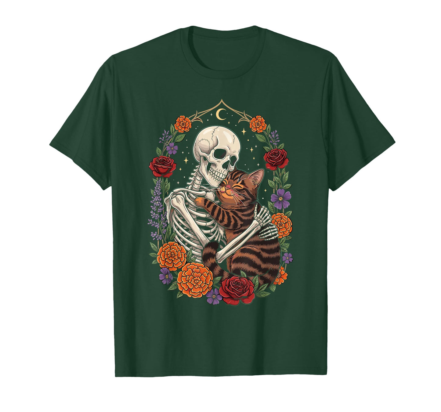 Skeleton Hugging Cat with Flowers Gothic T-Shirt