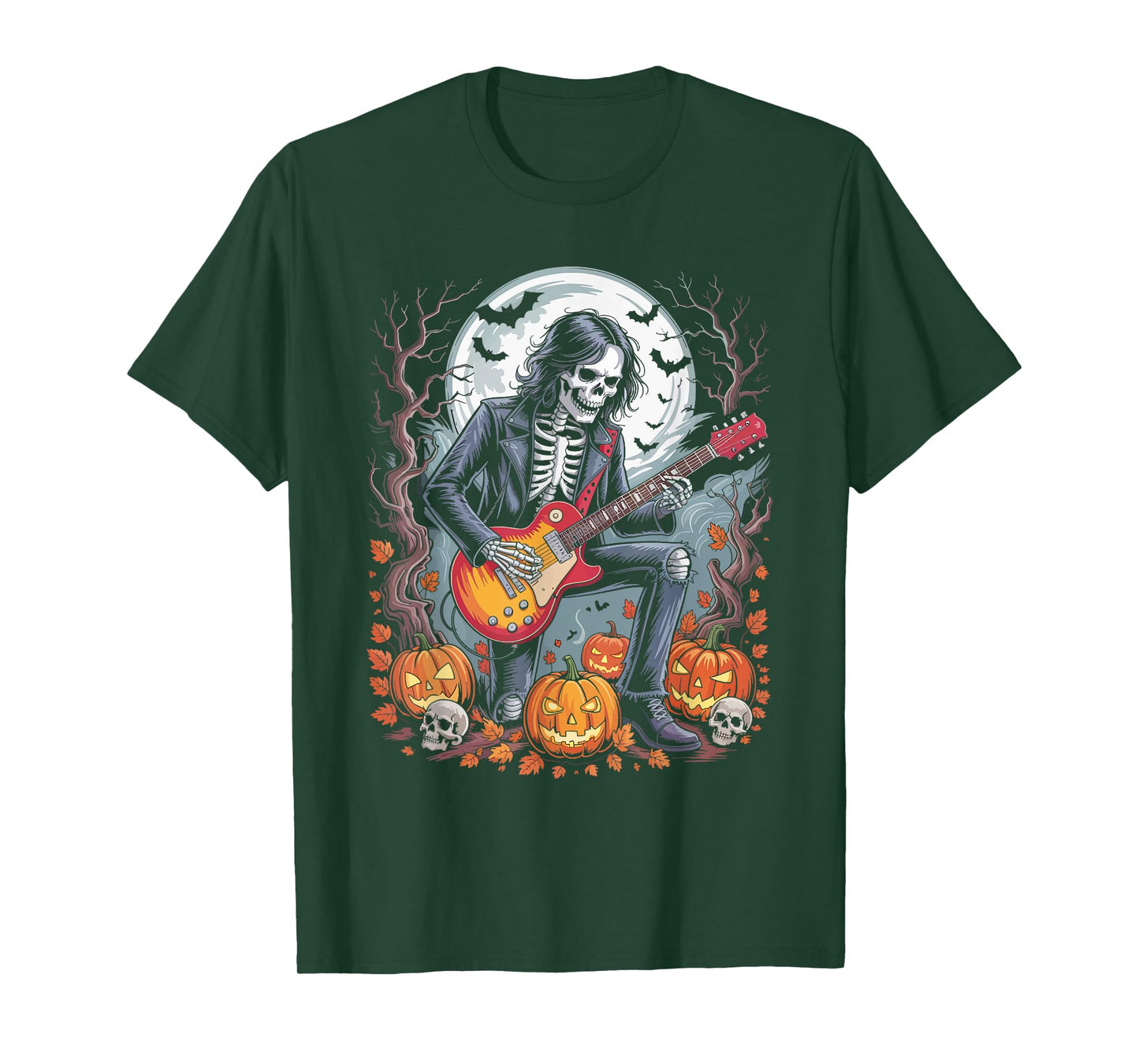 Halloween Skeleton Rock Guitar Skull Pumpkin Black T-Shirt