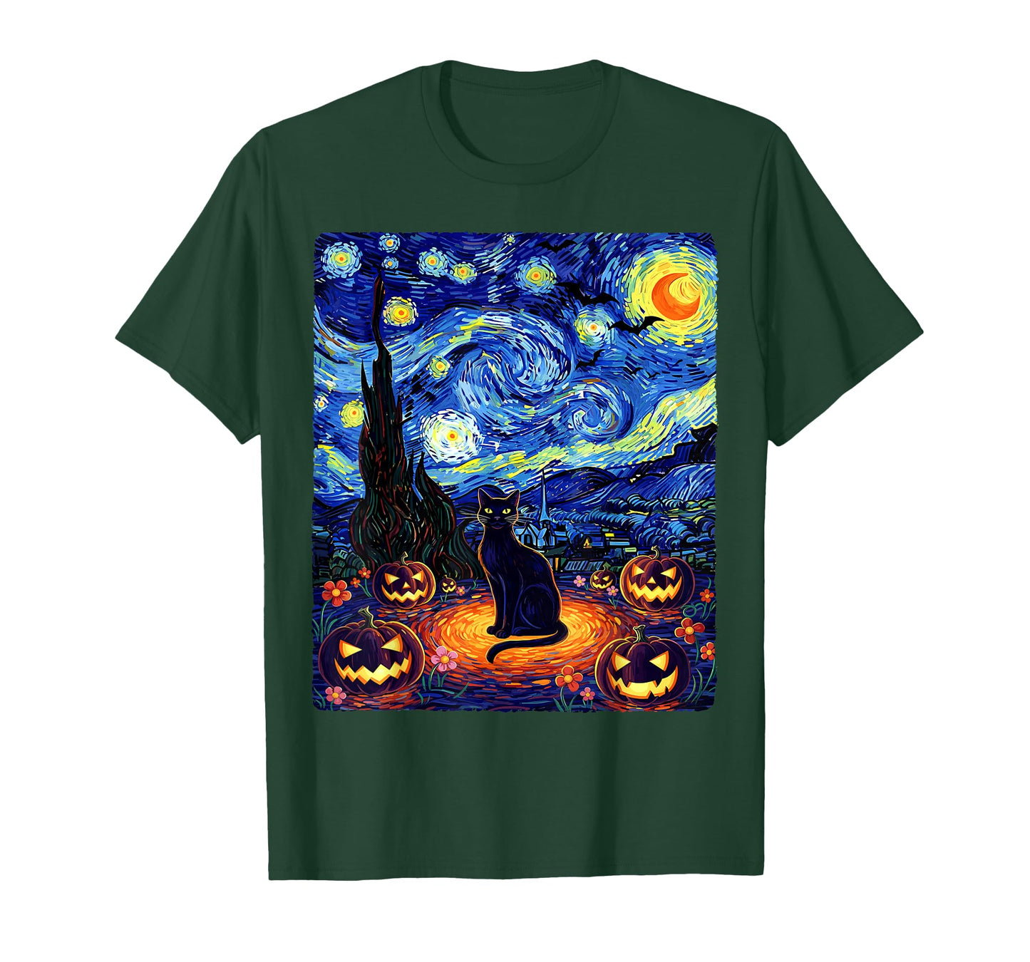 Halloween Black Cat Van Gogh Starry Night Cat Costume Women T-Shirt
