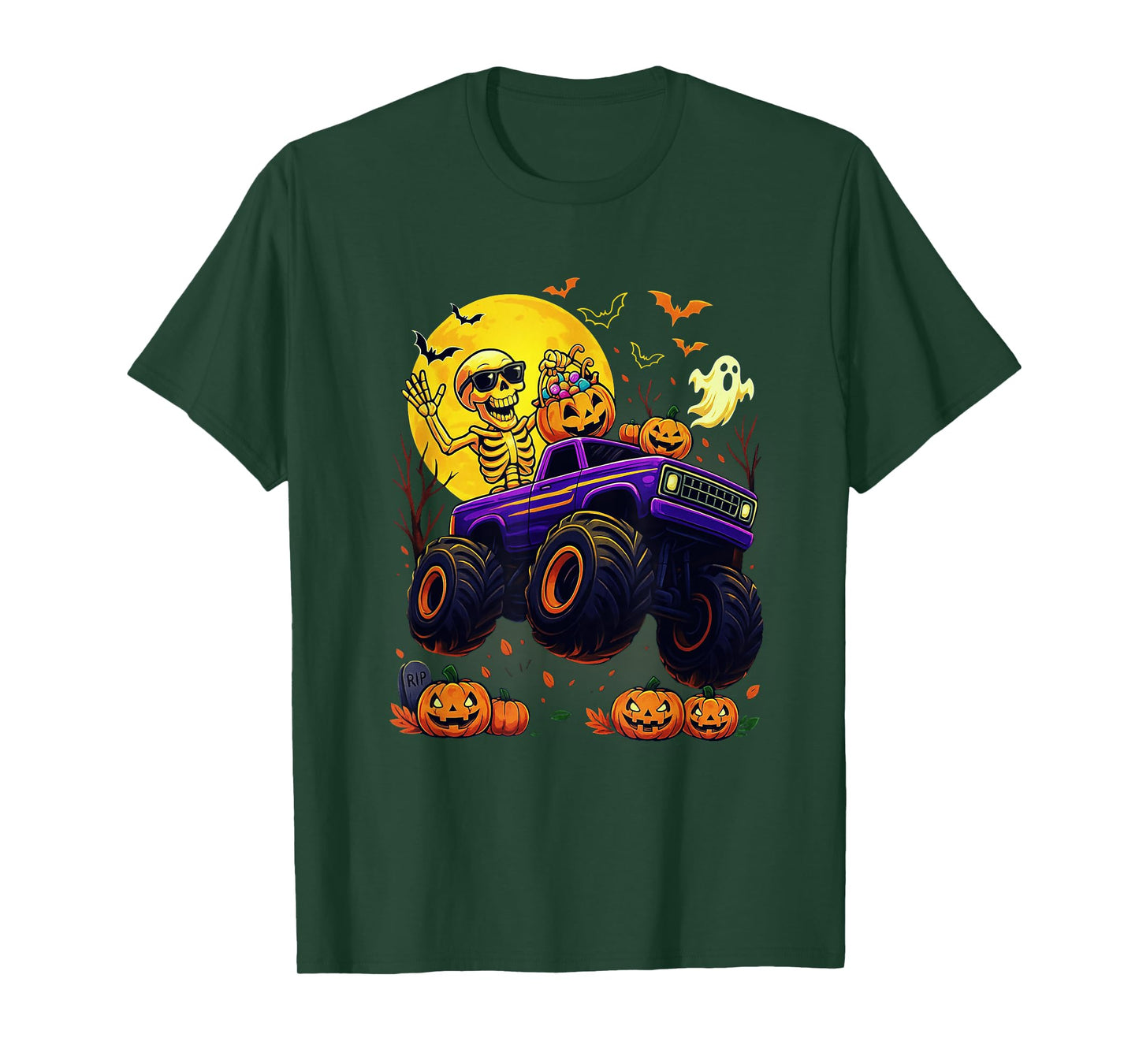 Spooky Skeleton Riding Monster Truck Halloween Men Boy Kid T-Shirt
