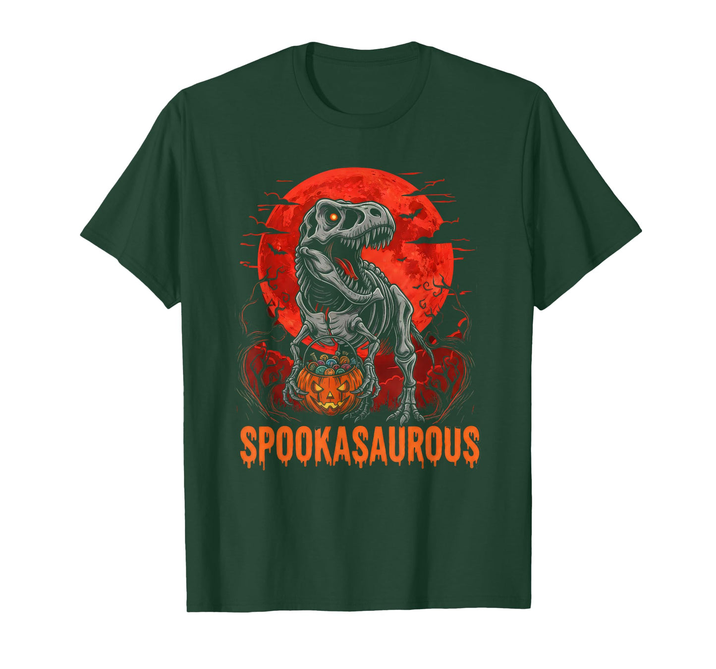 SPOOKASAURUS, A Skeleton Dinosaur Holding Pumpkin Basket T-Shirt