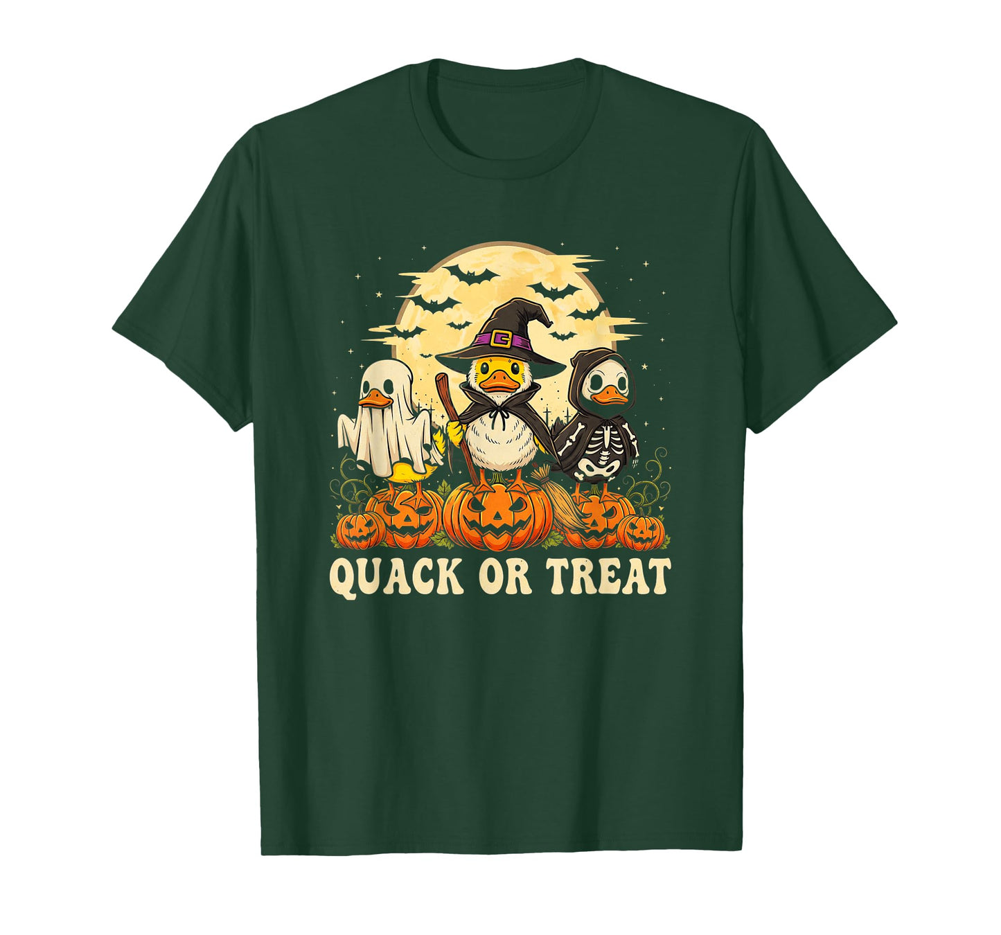 Quack Or Treat Funny Duck Halloween Witch Ghost & Skeleton T-Shirt