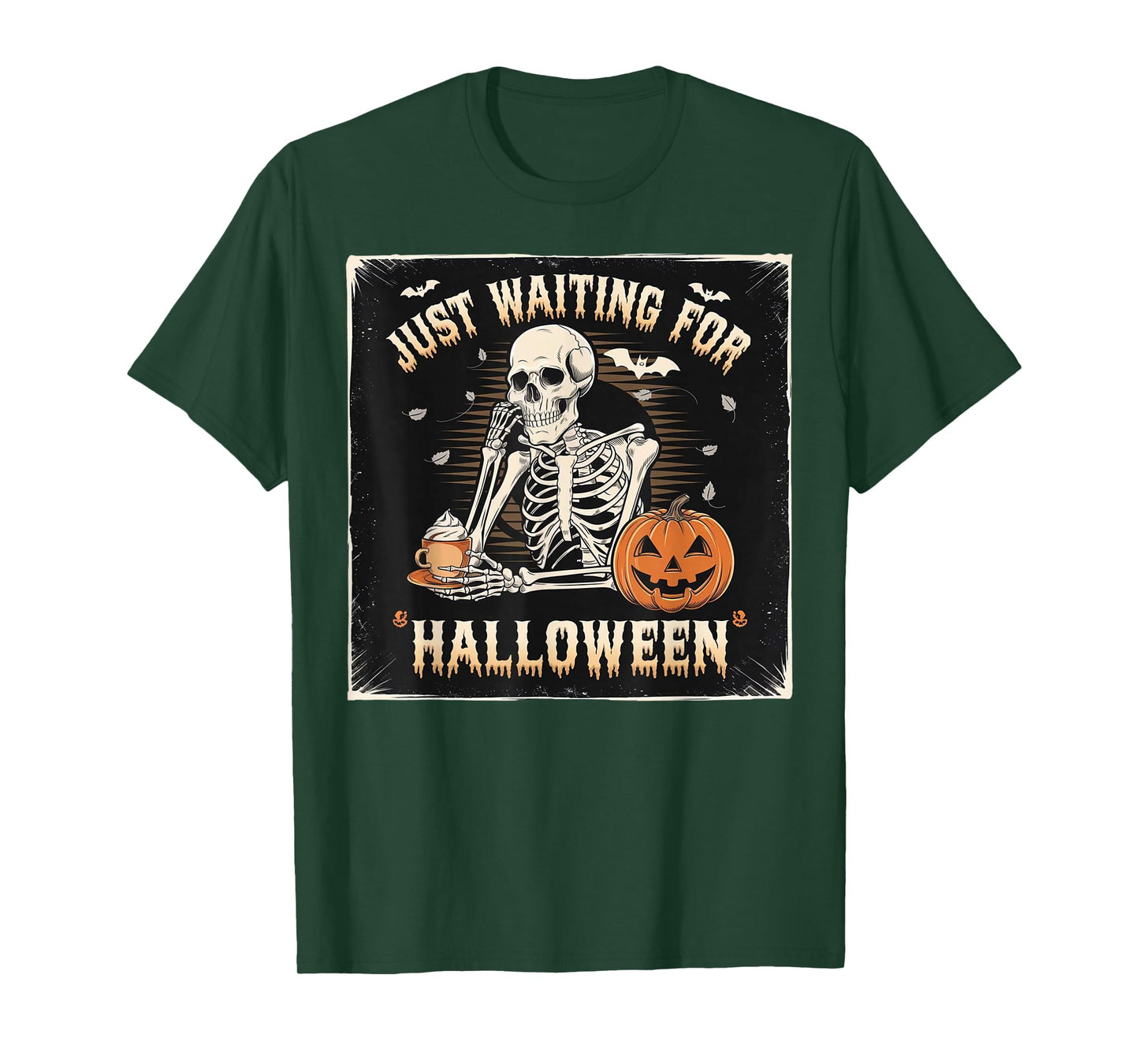 Skeleton Pumpkin Coffee Just Waiting for Halloween Design T-Shirt
