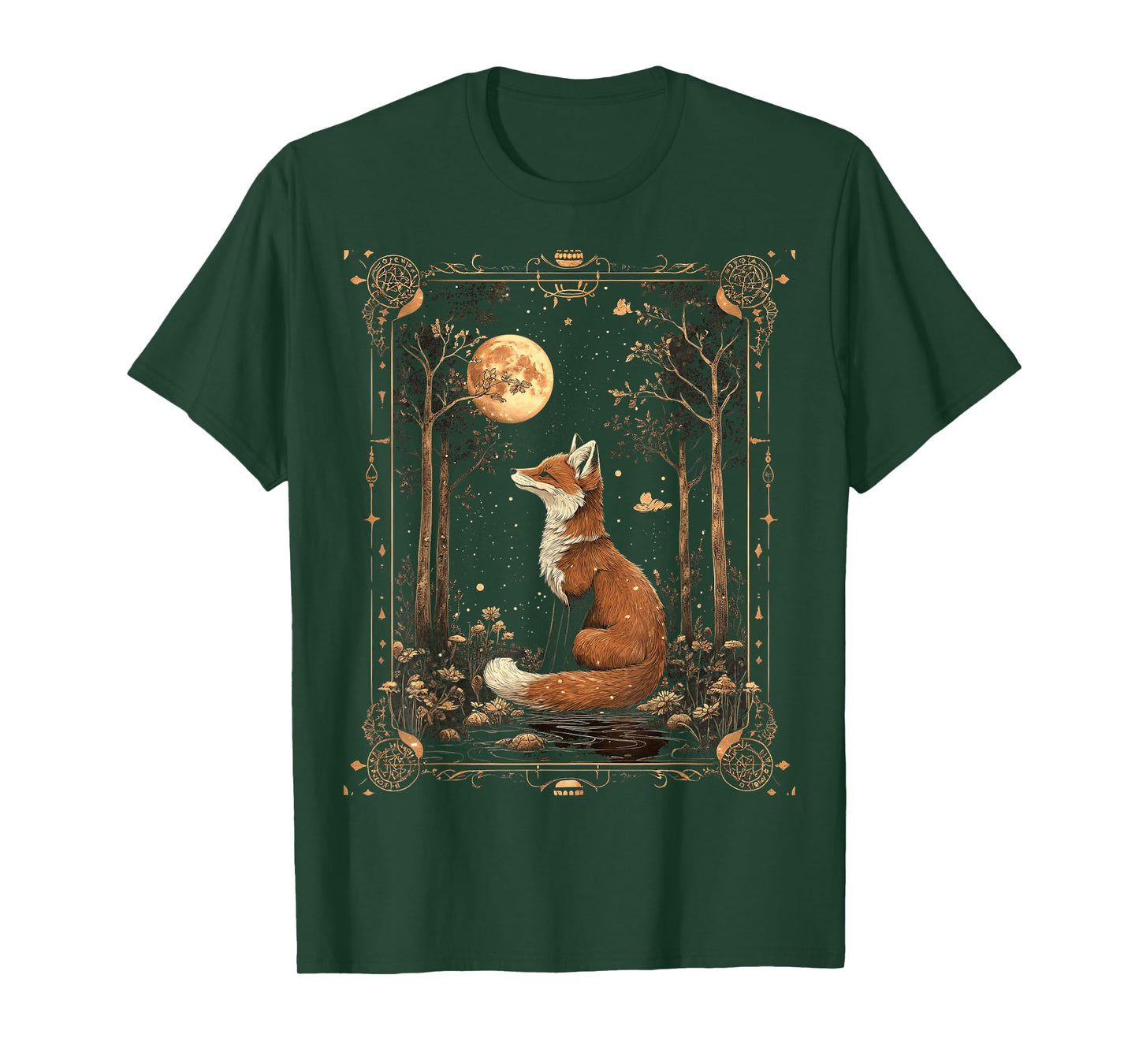 mystic moon and moonphase fox mystical flowers aesthetic T-Shirt